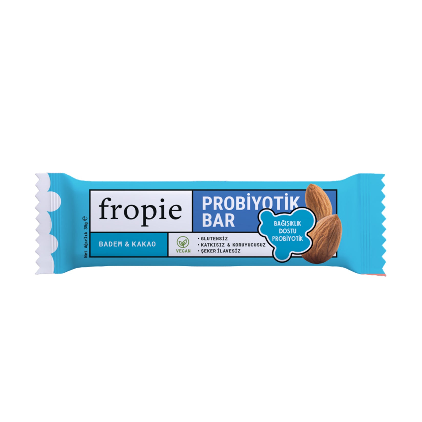 Discover the wholesome taste of the Fropie Almond & Cacao Probiotic Bar, a delicious blend of natural ingredients crafted in Türkiye.