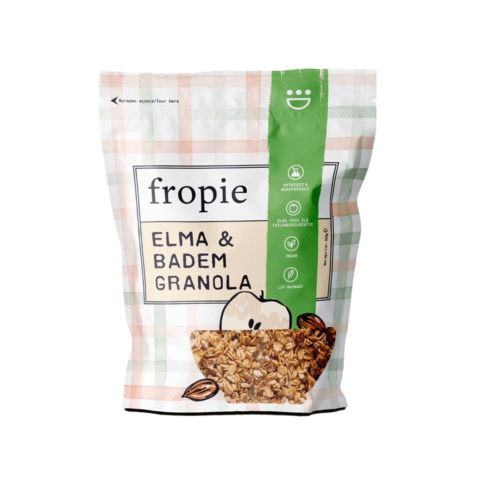 Start your day with the natural taste of Fropie Apple & Almond Granola, a wholesome blend of rolled oats, apple juice concentrate, almonds, and seeds.