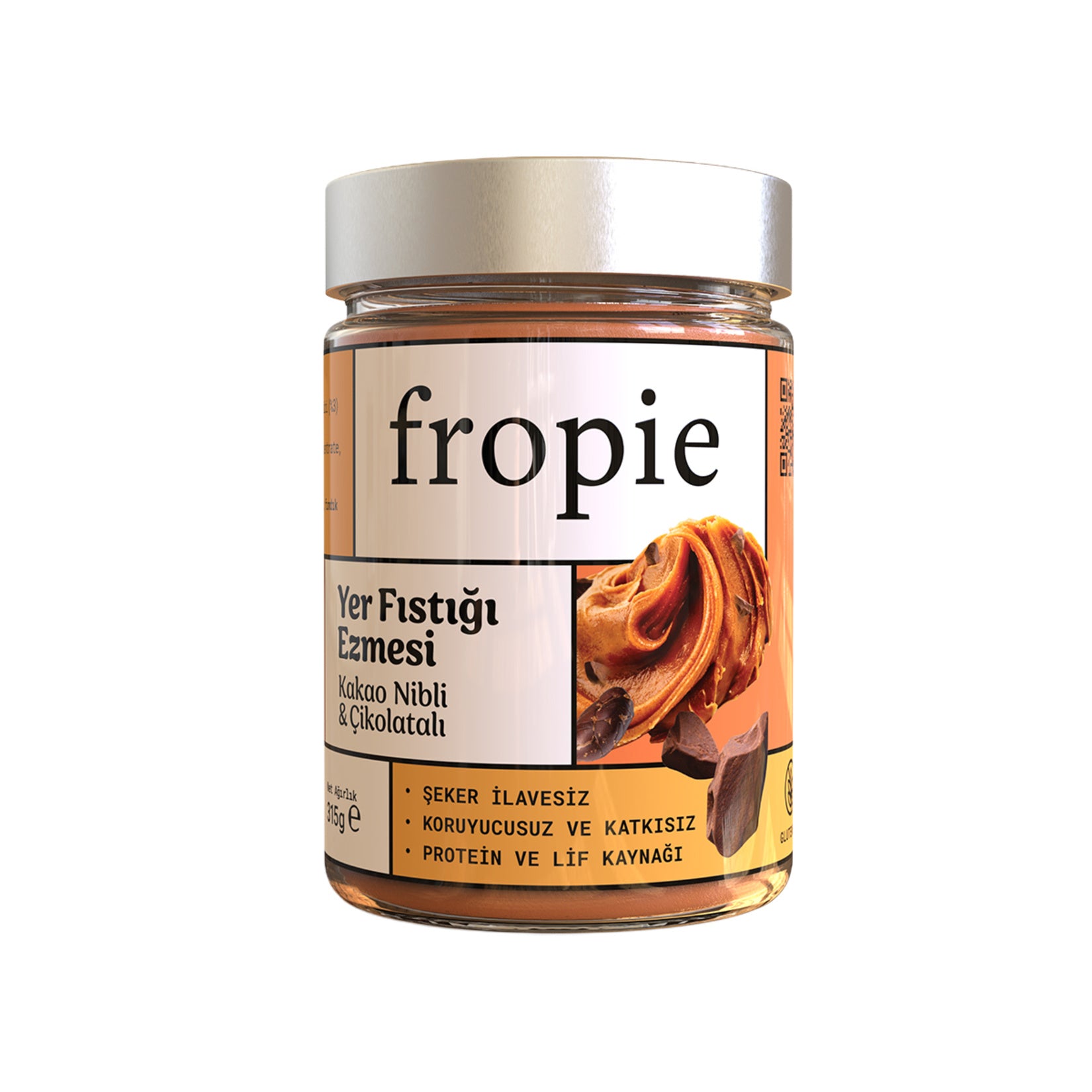 Fropie Chocolate Cocoa Nib Peanut Butter brings a rich twist to your breakfast table with 89% roasted peanuts blended with cocoa nibs and unsweetened chocolate.