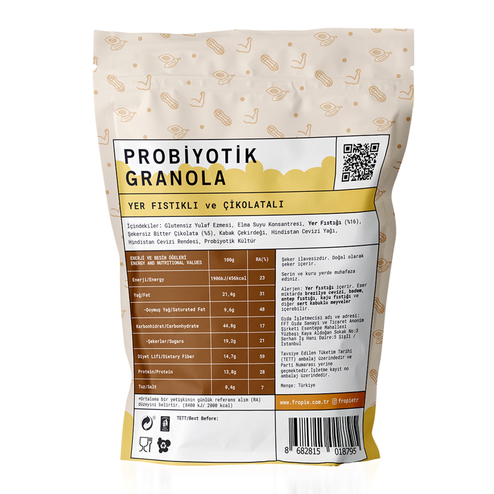 Start your day with Fropie Peanut & Chocolate Probiotic Granola, a deliciously balanced breakfast blend made with gluten-free oats, crunchy peanuts, and rich sugar-free dark chocolate.