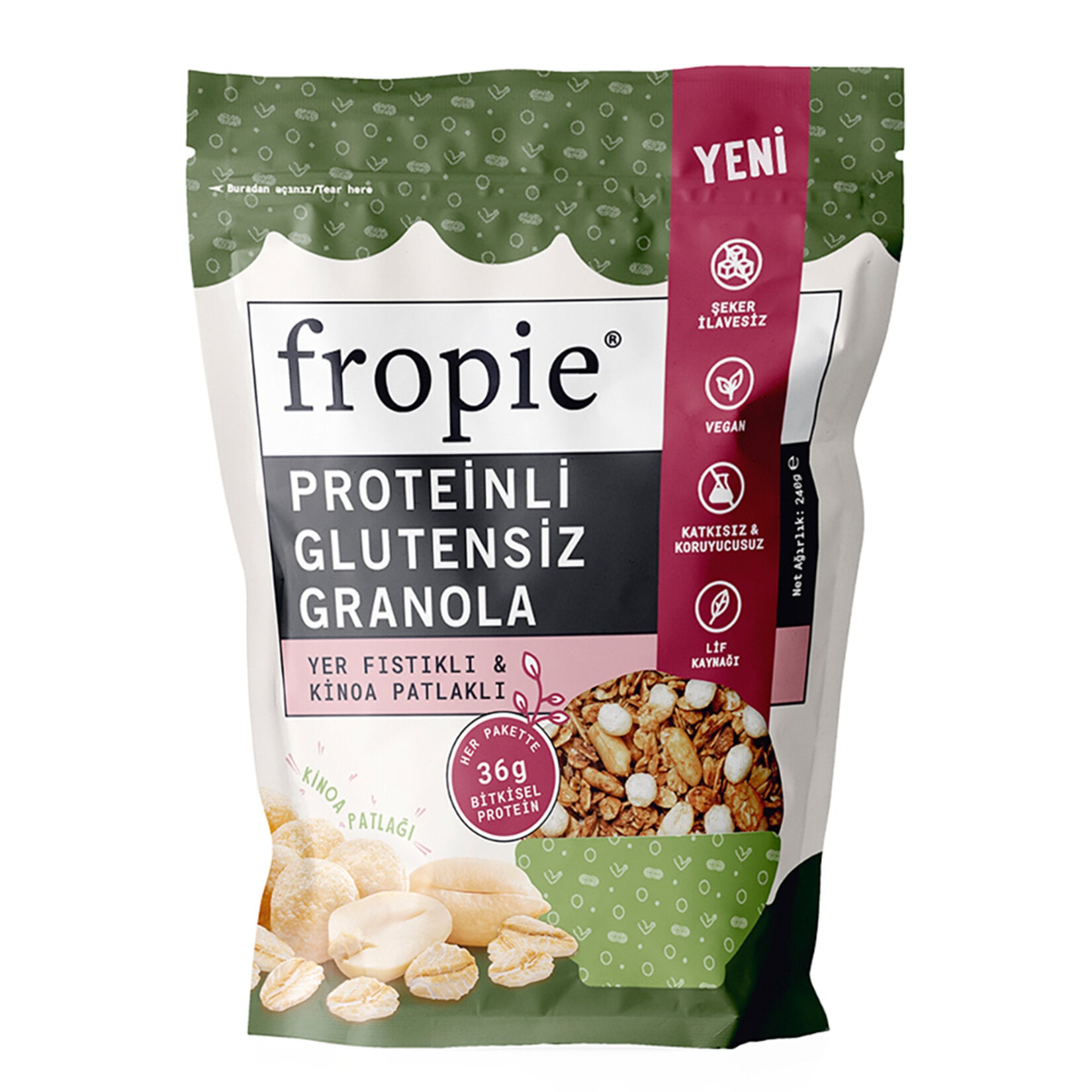 Start your day with the balanced nutrition of Fropie Protein Peanut & Quinoa Granola.