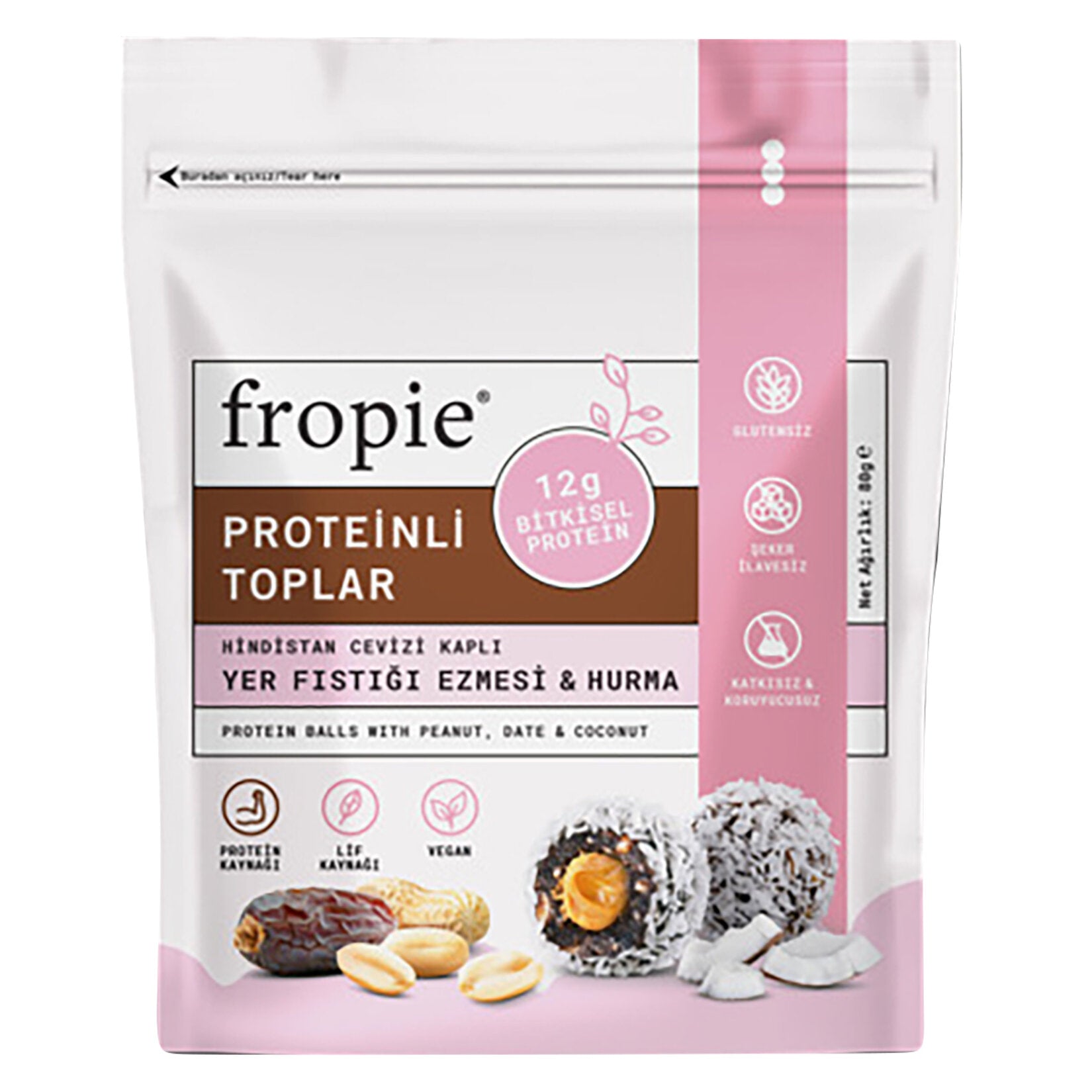 Fropie Yer Fistigi Hurma Proteinli Toplar combine the natural sweetness of dates with rich peanut flavor and plant-based protein in convenient bite-sized balls.