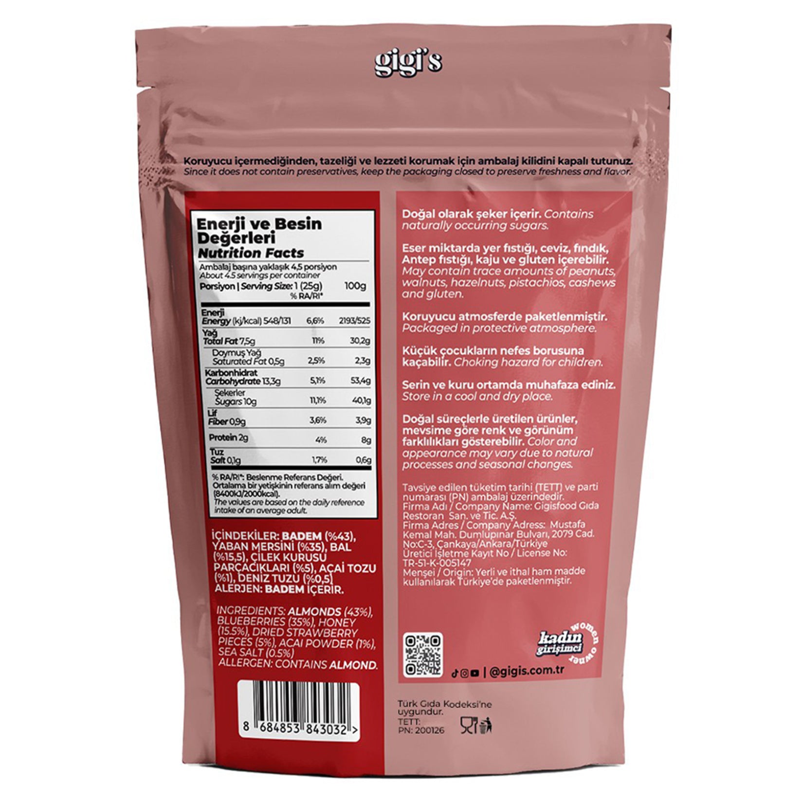 Enjoy a naturally sweet and satisfying bite with Gigi's Almond Blueberry Mixed Snack, a wholesome blend of crunchy almonds, juicy blueberries, honey, dried strawberry pieces, acai powder, and a touch of sea salt.