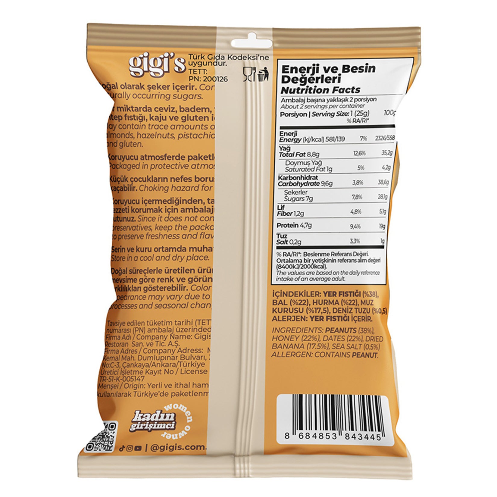 Gigi's Peanut Date Banana Snack is a naturally sweet and satisfying bite made with a simple blend of peanuts, honey, dates, dried banana, and a touch of sea salt.