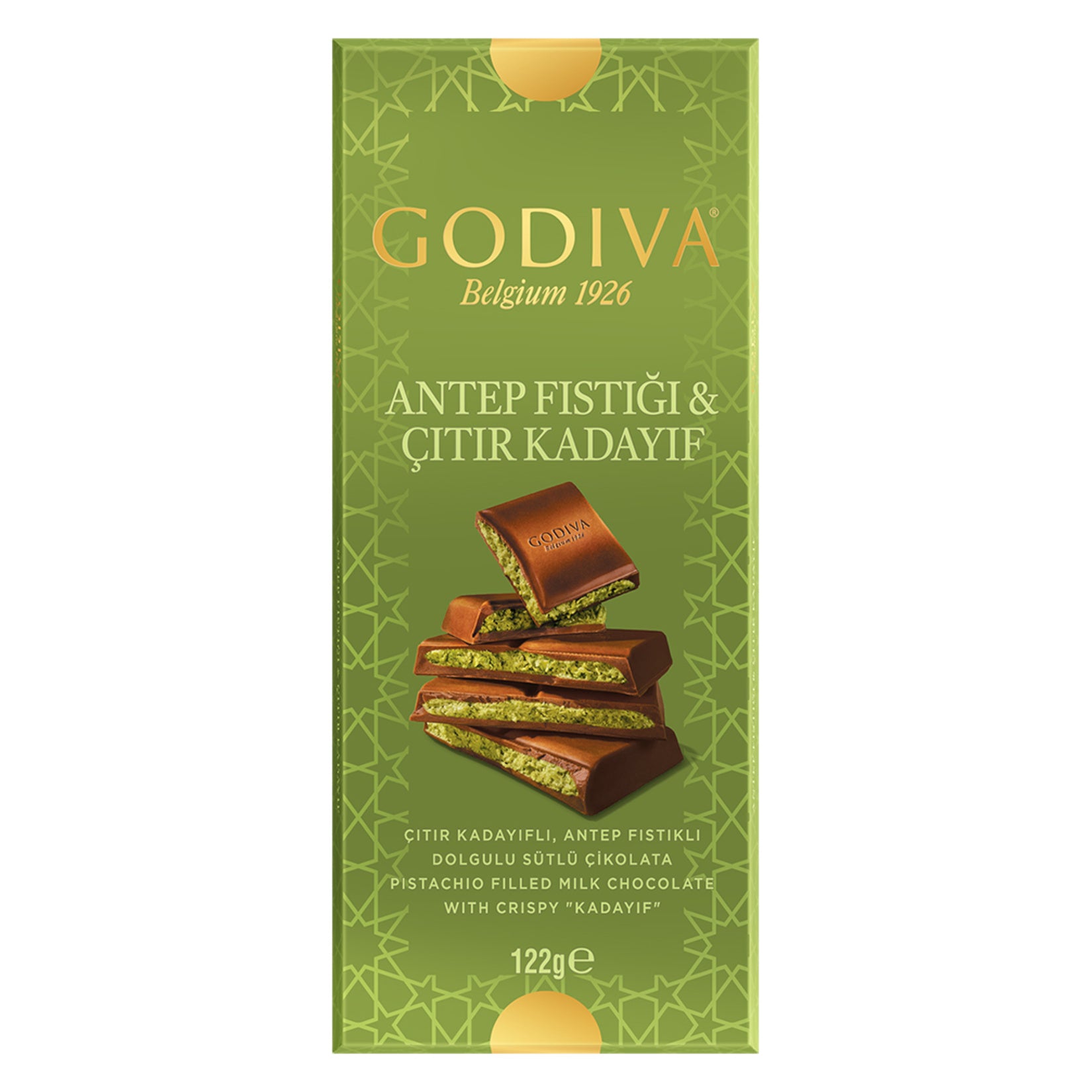 Experience a taste inspired by classic Turkish desserts with the Godiva Kadayif & Antep Pistachio Milk Chocolate Bar.