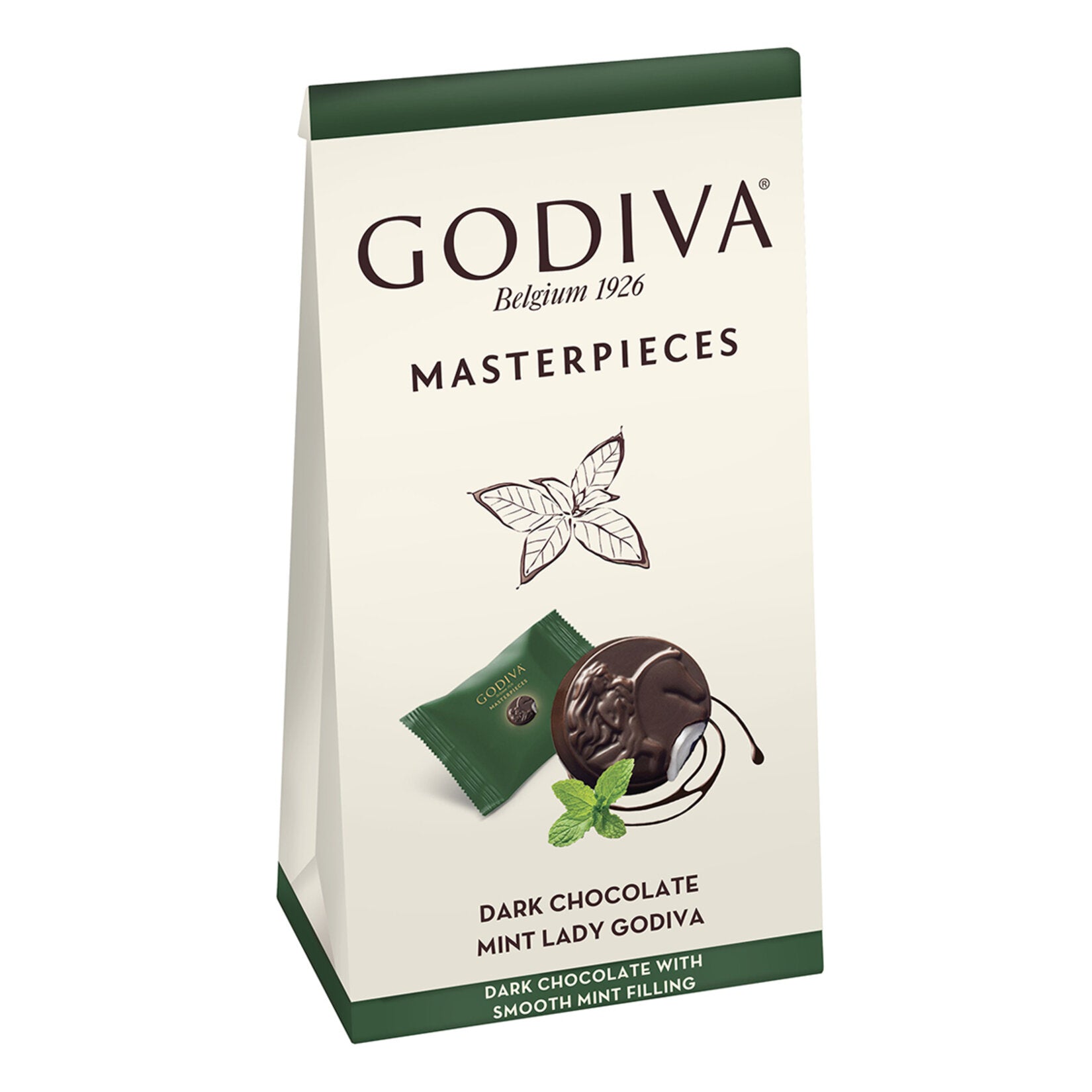 Enjoy the refreshing combination of rich dark chocolate and cool mint with Godiva Masterpieces Mint Dark Chocolate.