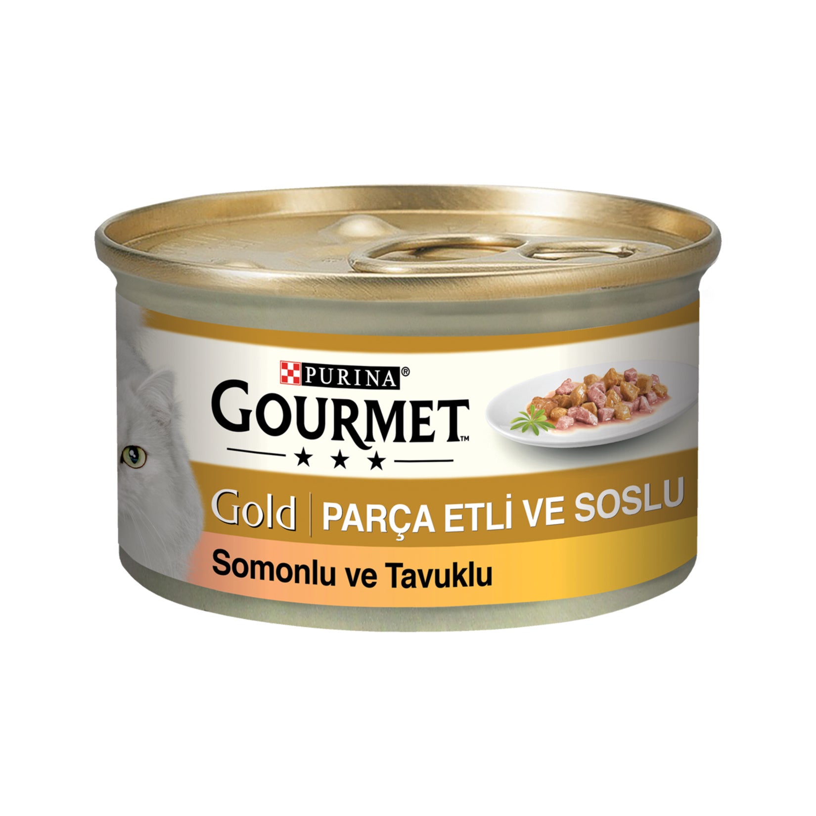 Gourmet Gold Salmon and Chicken Chunks 85 g is a premium wet cat food crafted with tender pieces of salmon and chicken to provide a flavorful and satisfying meal for adult cats.