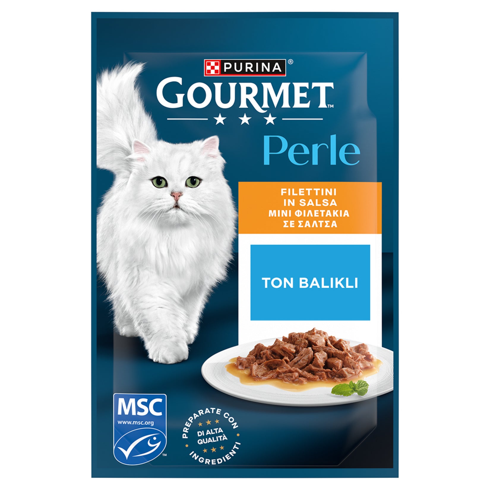 Gourmet Perle Tuna Cat Food Pouch 85 g is a convenient single-serve wet meal made with tuna for adult cats.