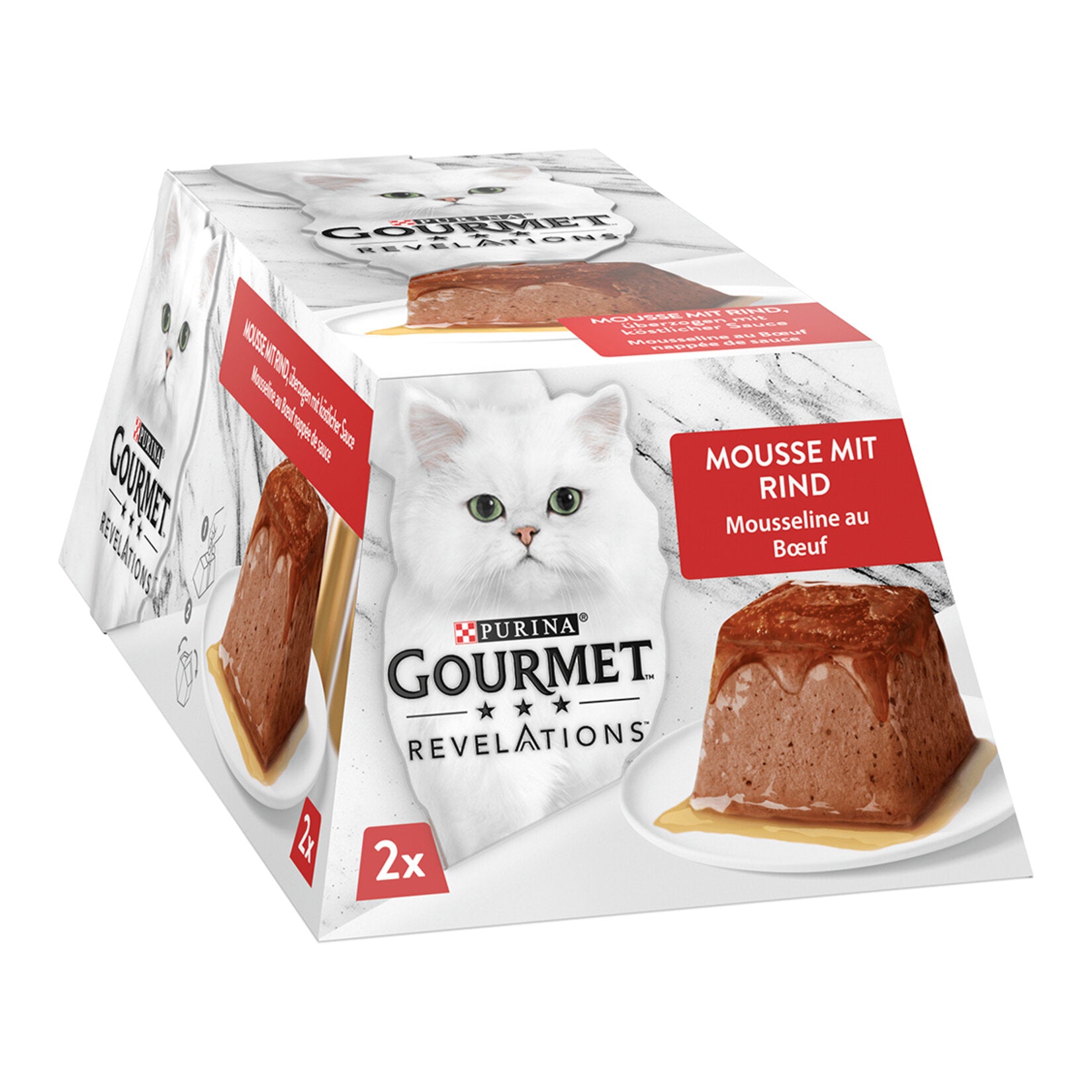 Gourmet Revelations Beef Wet Cat Food is a carefully prepared moist meal made with beef and animal derivatives, offering a savory texture that many cats enjoy.
