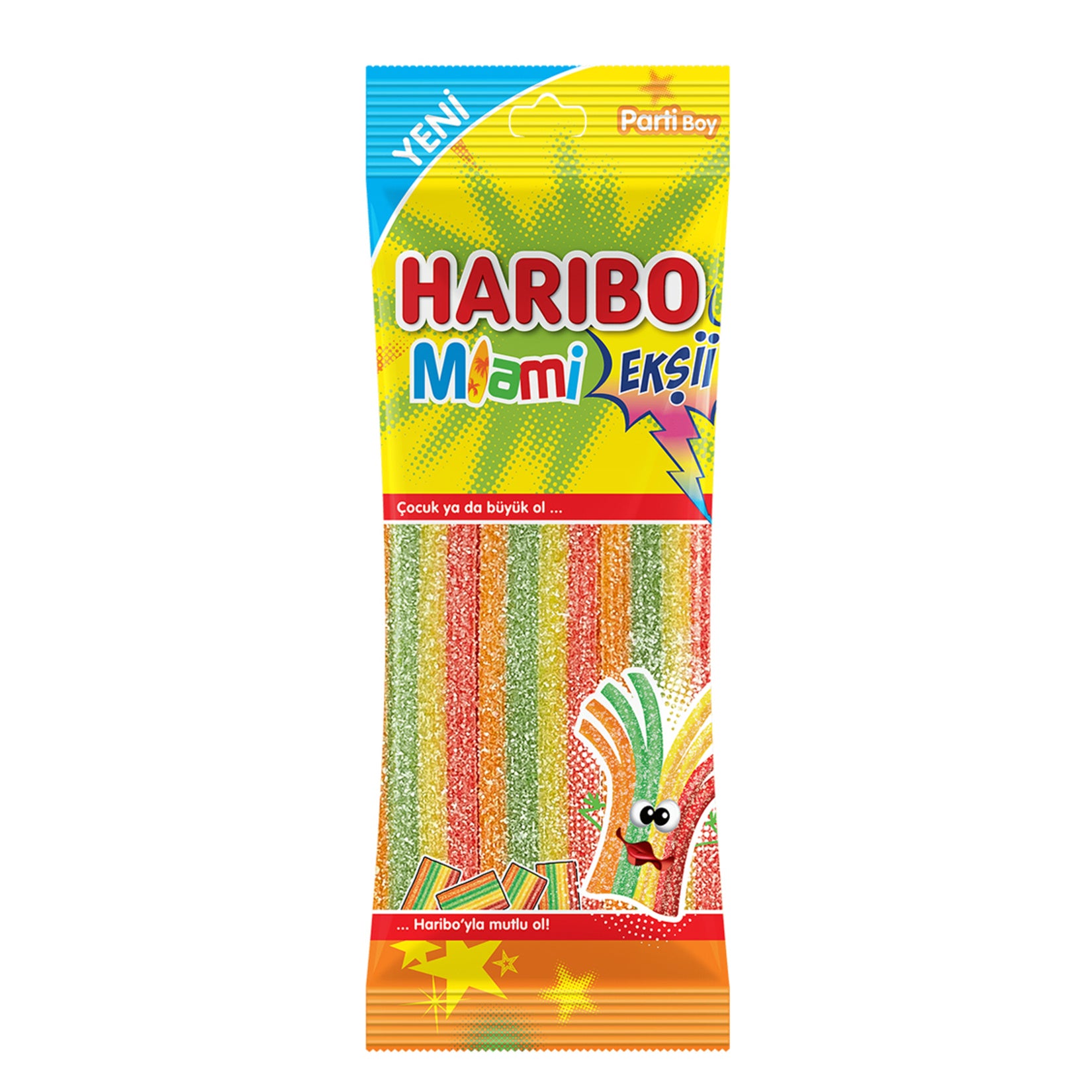 Haribo Eksi Miami brings a tangy twist to your favorite fruity gummy treats.