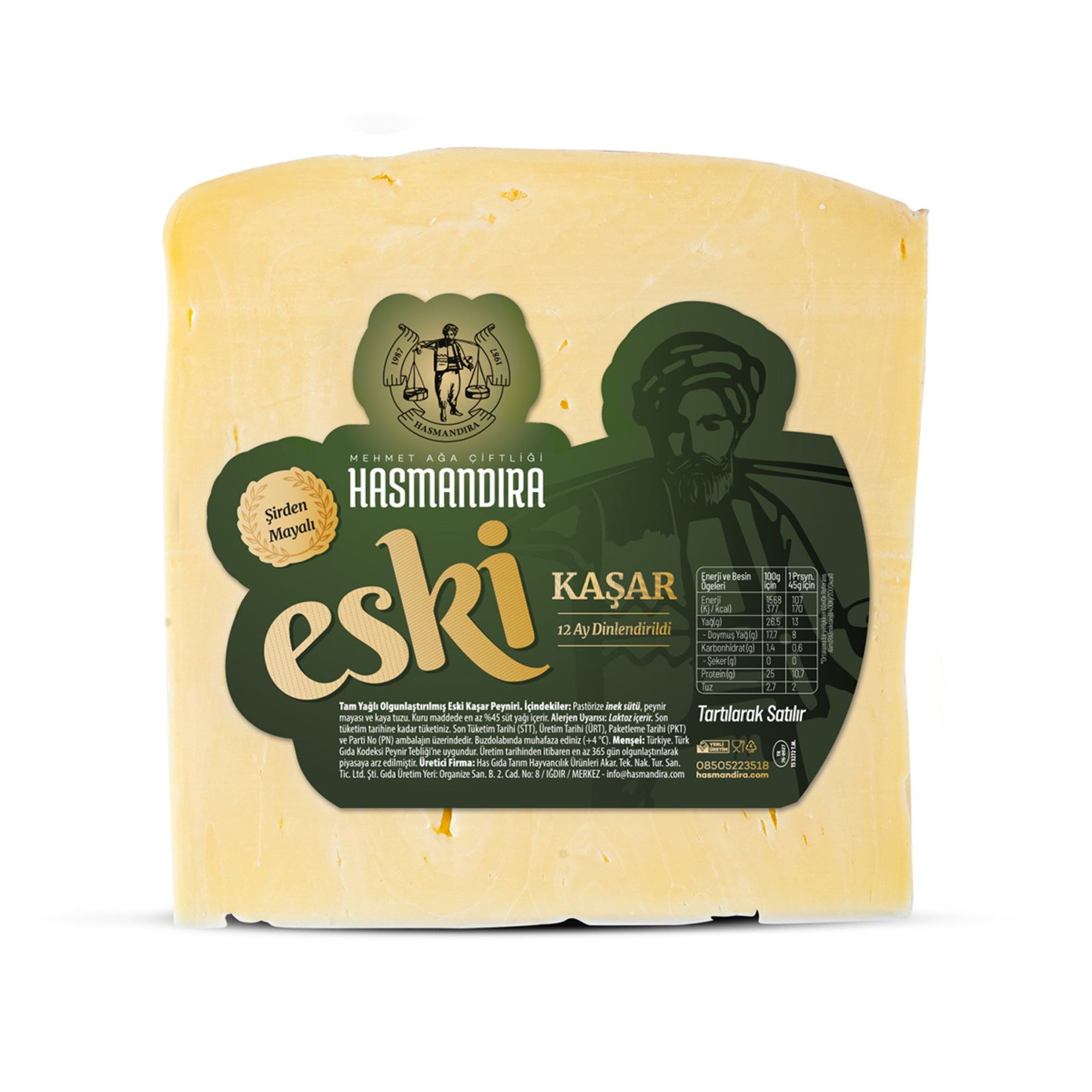 Hasmandıra Eski Kaşar is a traditionally aged Turkish yellow cheese known for its firm texture and rich, full-bodied flavor.