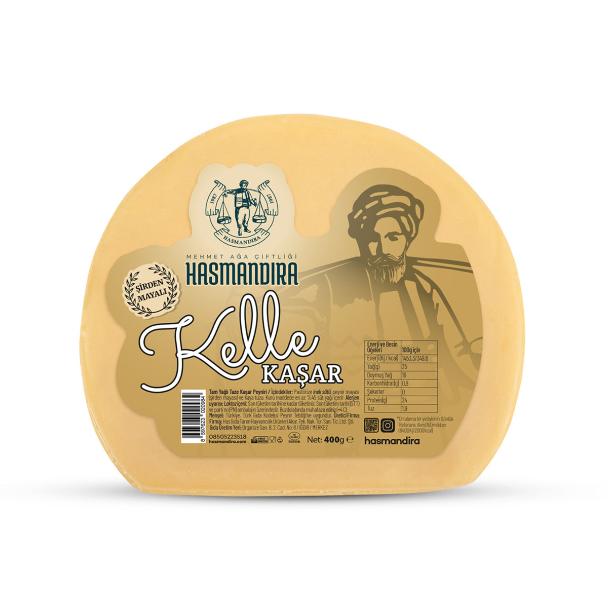 Bring the rich, savory taste of **Hasmandıra Kelle Kaşar** to your table—a firm, aged Turkish-style kashkaval cheese made with **pasteurized cow’s milk**, traditional **rennet (from abomasum)**, and **rock salt**.