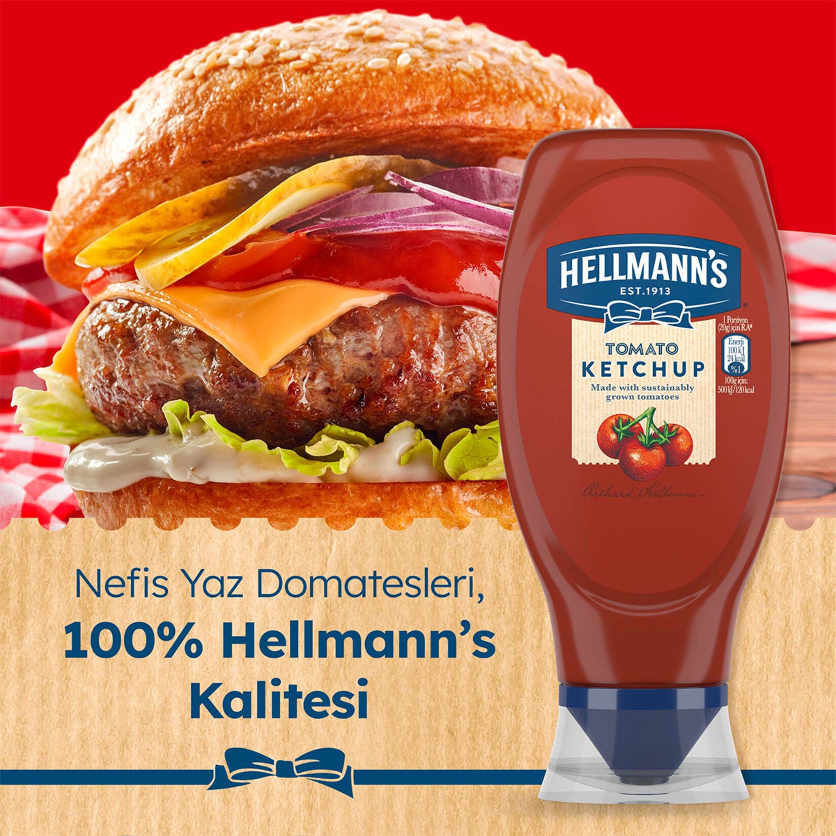 Enjoy the rich, balanced taste of Hellmann's Ketchup, made with quality ingredients for a smooth texture and classic tomato flavor.