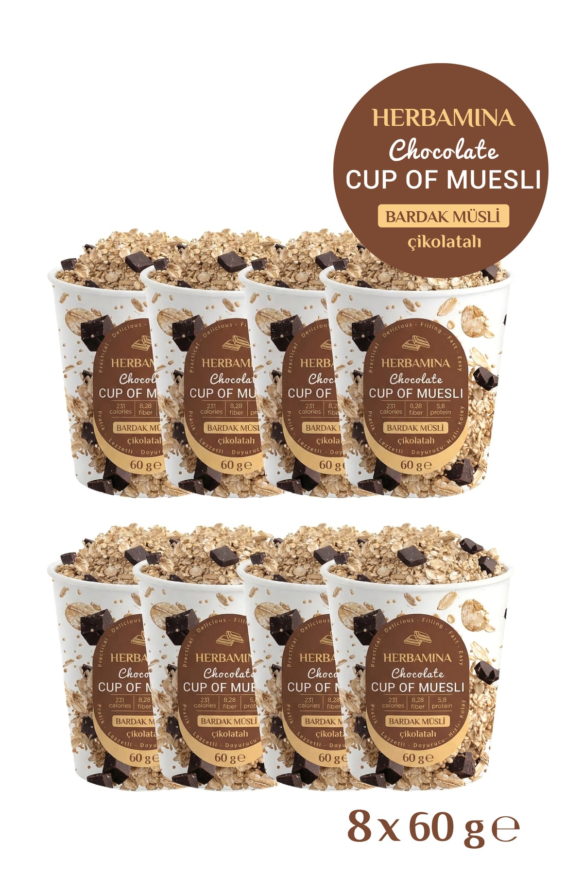 Herbamina 8 Pack Chocolate Muesli is a convenient and satisfying breakfast option made in Türkiye with locally sourced grains.