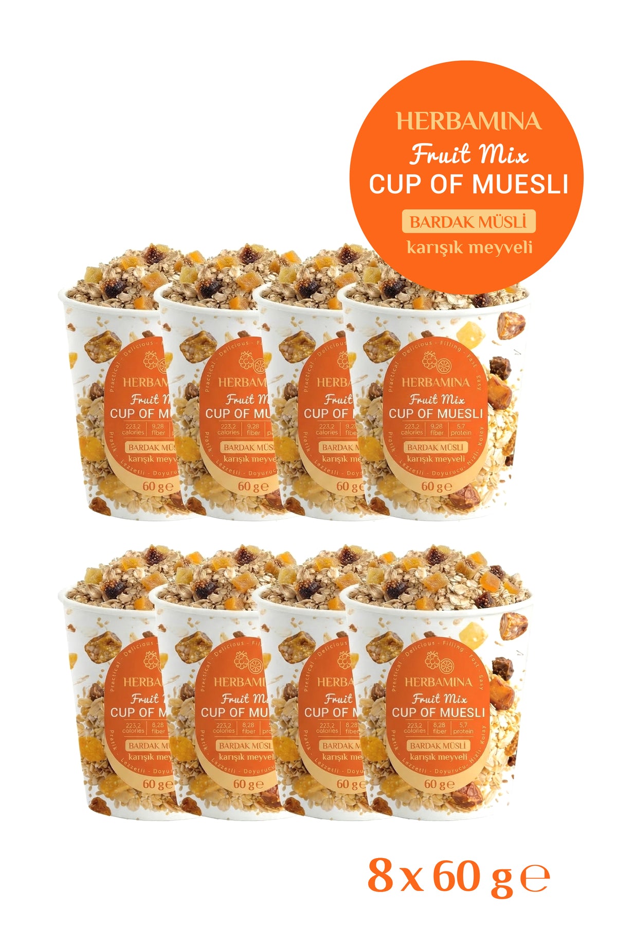 Herbamina 8 Pack Cup Mixed Fruit Muesli is prepared with carefully selected grains and dried fruits sourced from the rich agriculture of Türkiye.