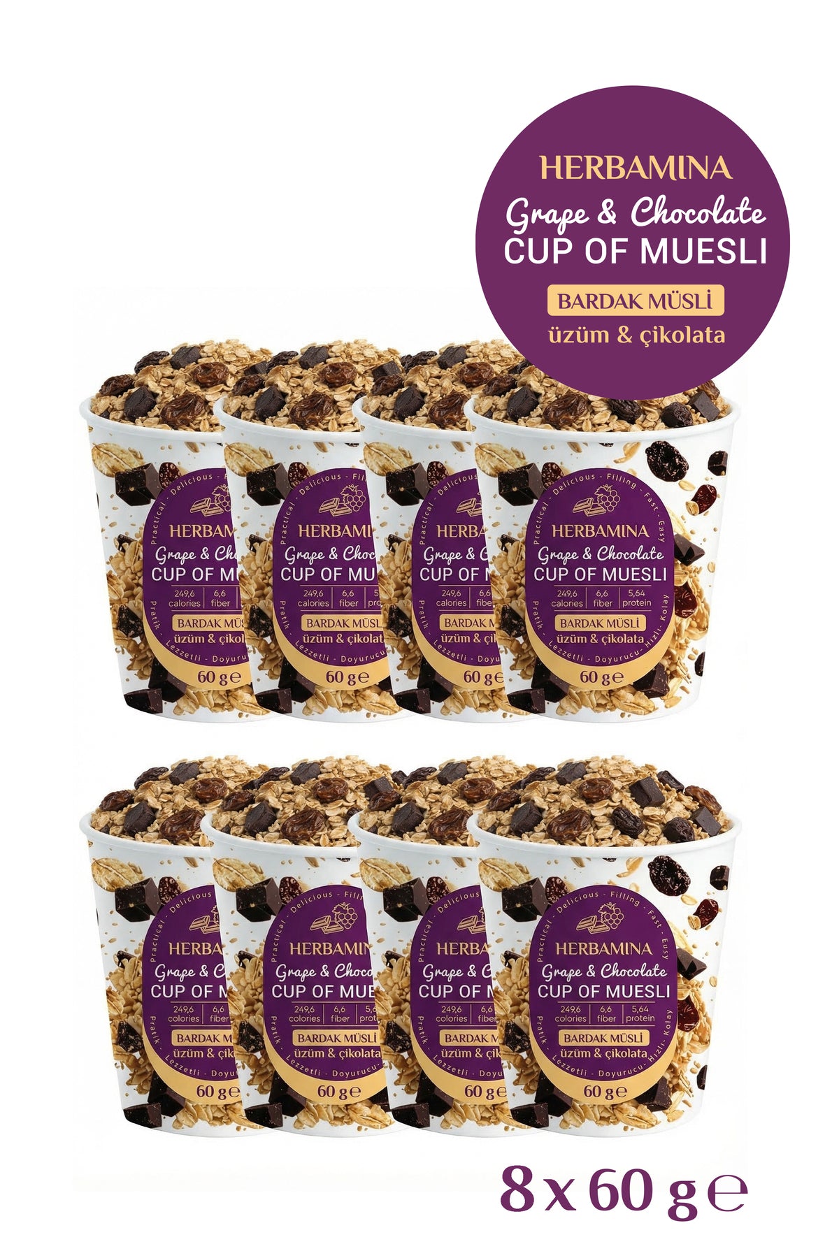 Herbamina 8 Pack Cup Muesli Raisin & Chocolate offers a practical and delicious snack solution for busy mornings and on-the-go lifestyles.
