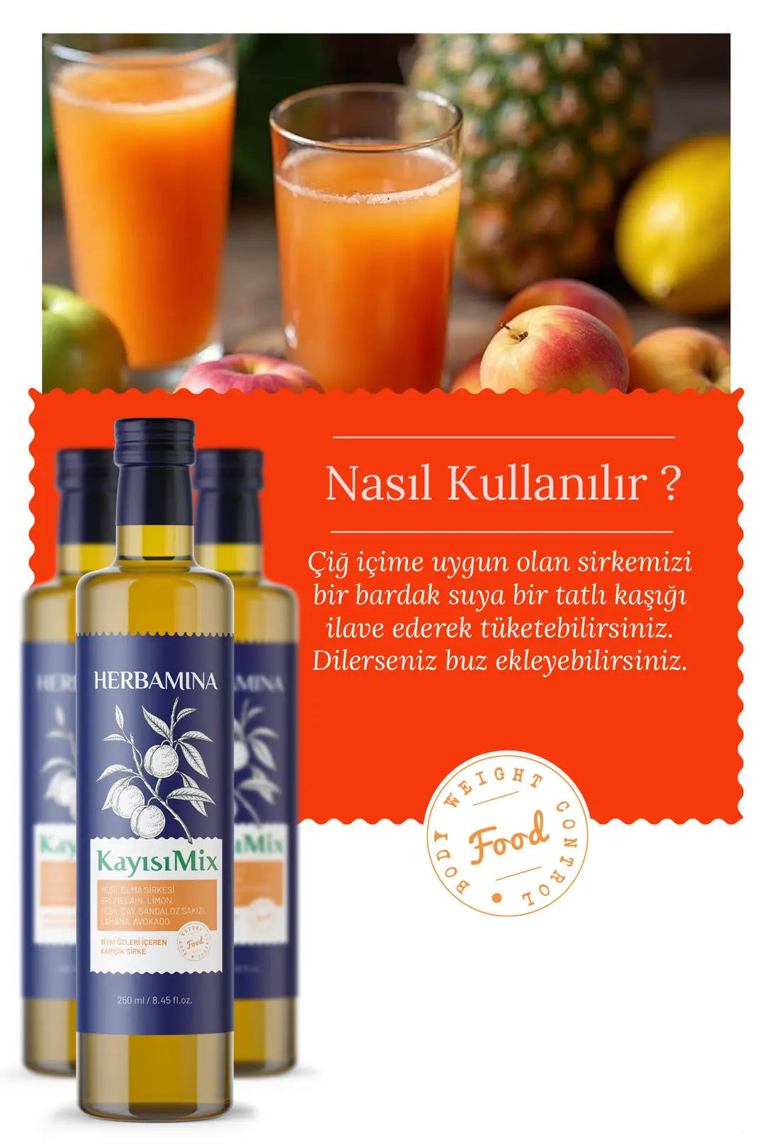 Herbamina Apricot Mix Vinegar combines the natural sharpness of green apple vinegar with a refreshing fruit blend for a balanced, drinkable formula.
