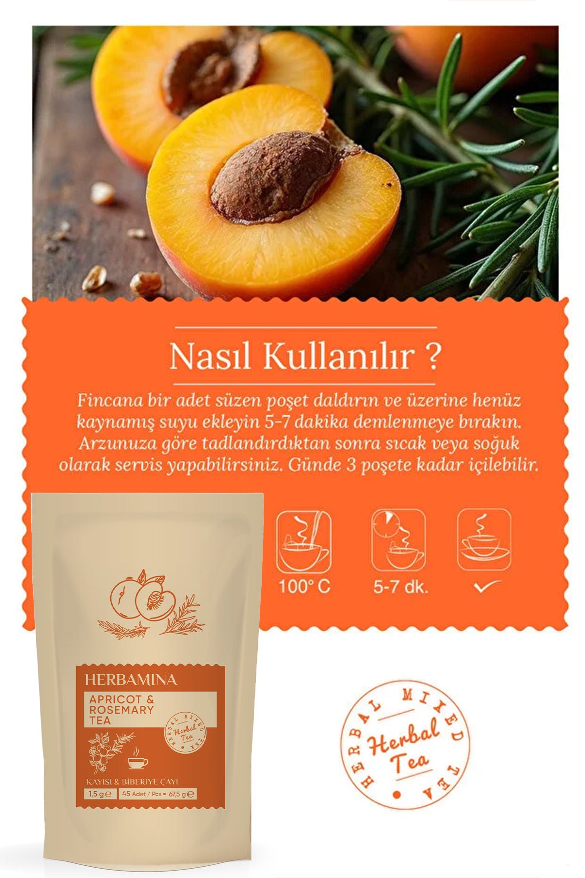 Herbamina Apricot & Rosemary Herbal Tea brings together the gentle sweetness of apricot with the fresh, aromatic notes of rosemary in a perfectly balanced herbal infusion.