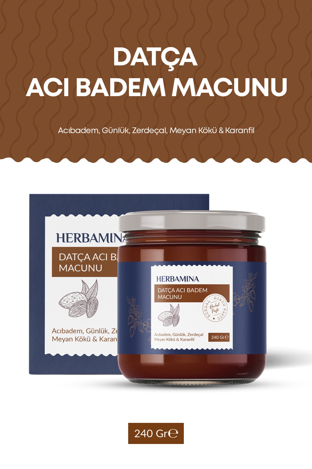 Herbamina Datca Bitter Almond Herbal Paste is a traditional blend inspired by the famous herbal macun culture of Türkiye.