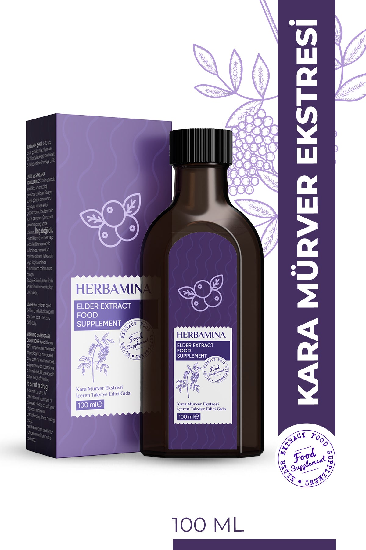 Herbamina Elderberry Extract Syrup is a concentrated liquid supplement formulated with karamurver (elderberry) extract, known for its naturally high antioxidant content.