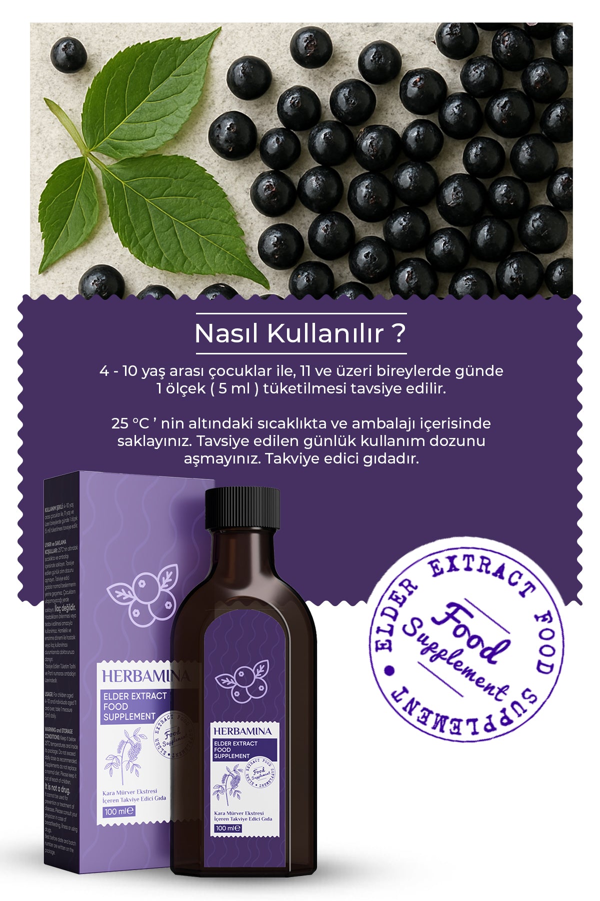 Herbamina Elderberry Extract Syrup is a concentrated liquid supplement formulated with karamurver (elderberry) extract, known for its naturally high antioxidant content.