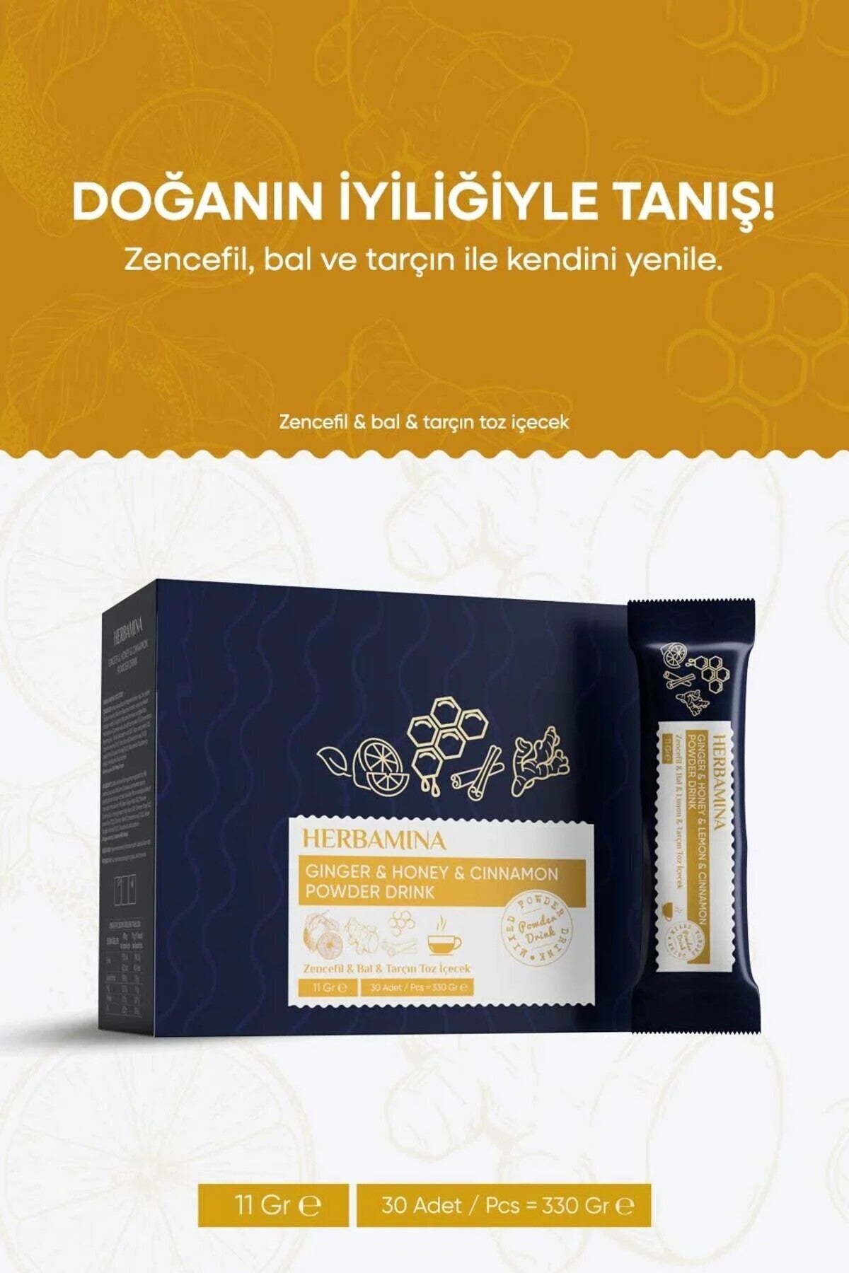 Herbamina Ginger Honey Cinnamon Powder Drink blends three time-honored ingredients—ginger, honey, and cinnamon—into a convenient powdered mix you can enjoy any time of day.