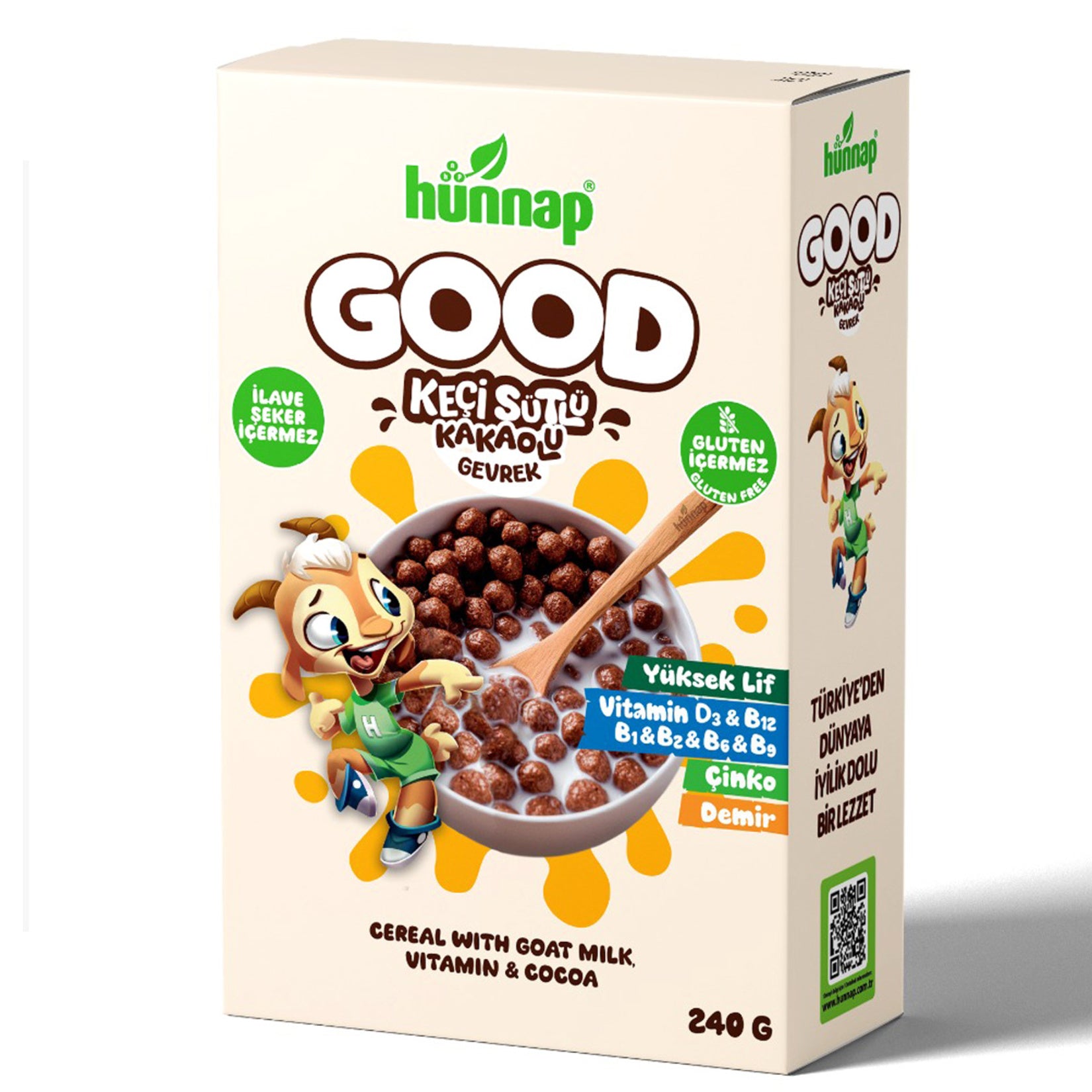 Hunnap Good Goat Milk Cocoa Gluten-Free Cereal brings together wholesome grains, natural fruit sweeteners, and creamy goat milk for a nourishing start to your day.