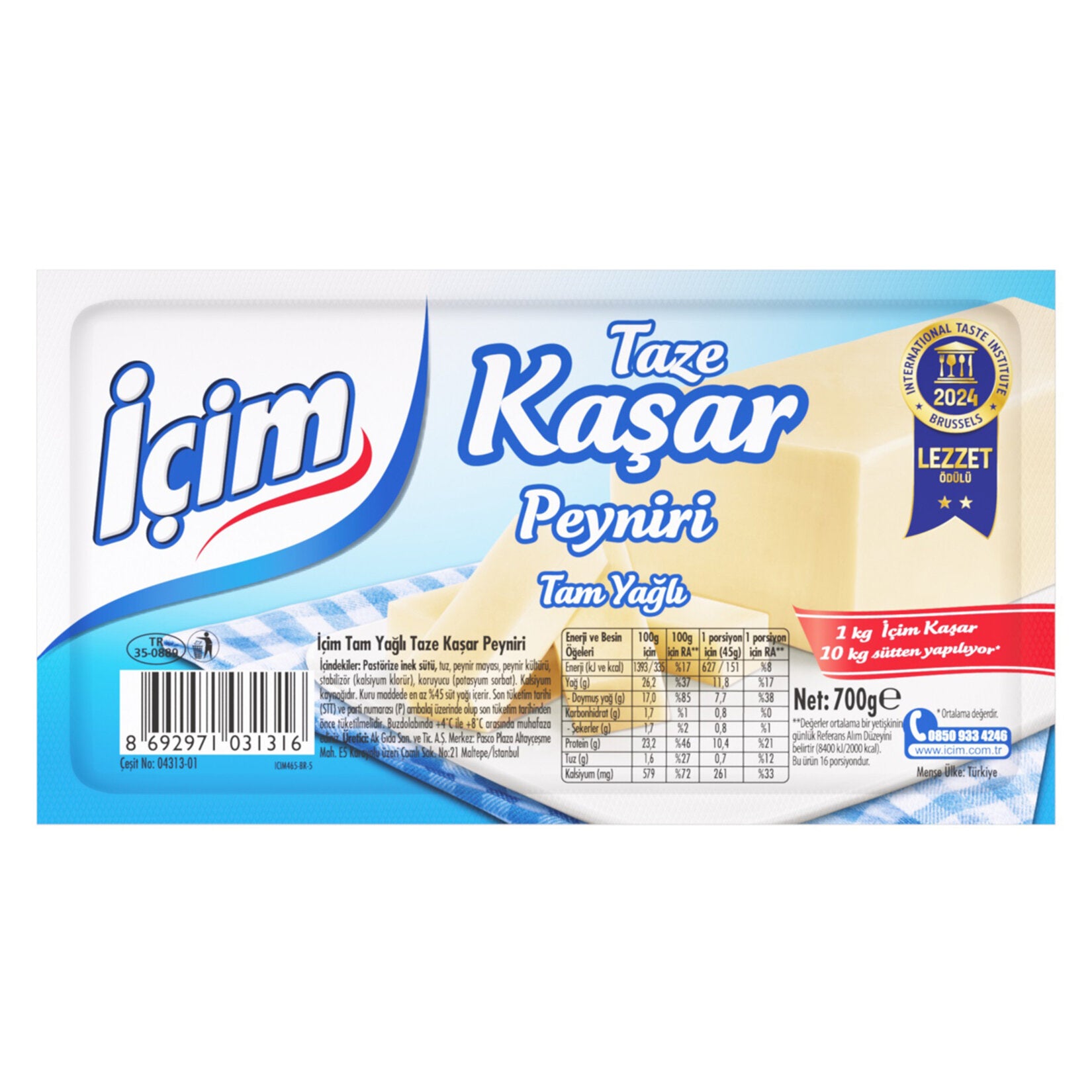 Icim Taze Kasar Peyniri is a classic Turkish semi-hard yellow cheese made from high-quality cow’s milk.