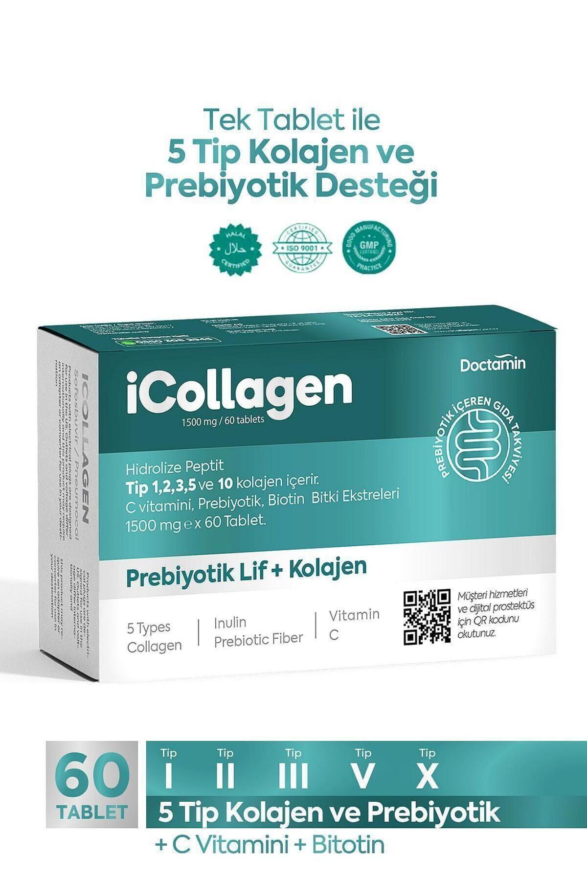 icollagen Collagen and Prebiotic Tablets combine complex bovine collagen (5 types) with prebiotic and probiotic support in a convenient, unflavored tablet form.
