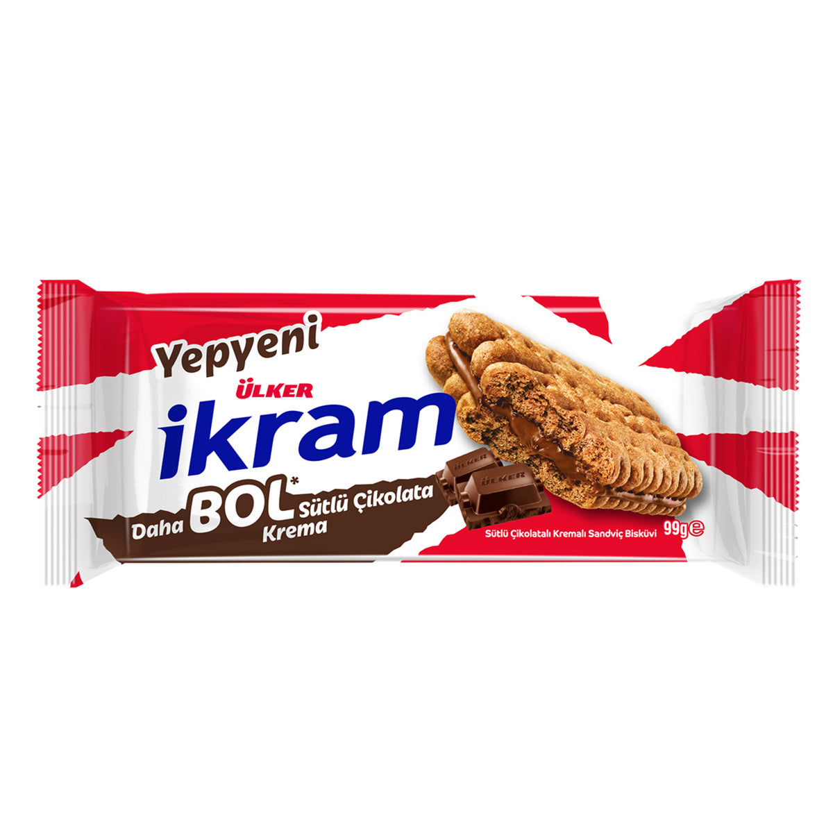 Bring a classic taste from Türkiye to your snack shelf with Ikram Ikram Milk Chocolate Cream Sandwich Biscuits.