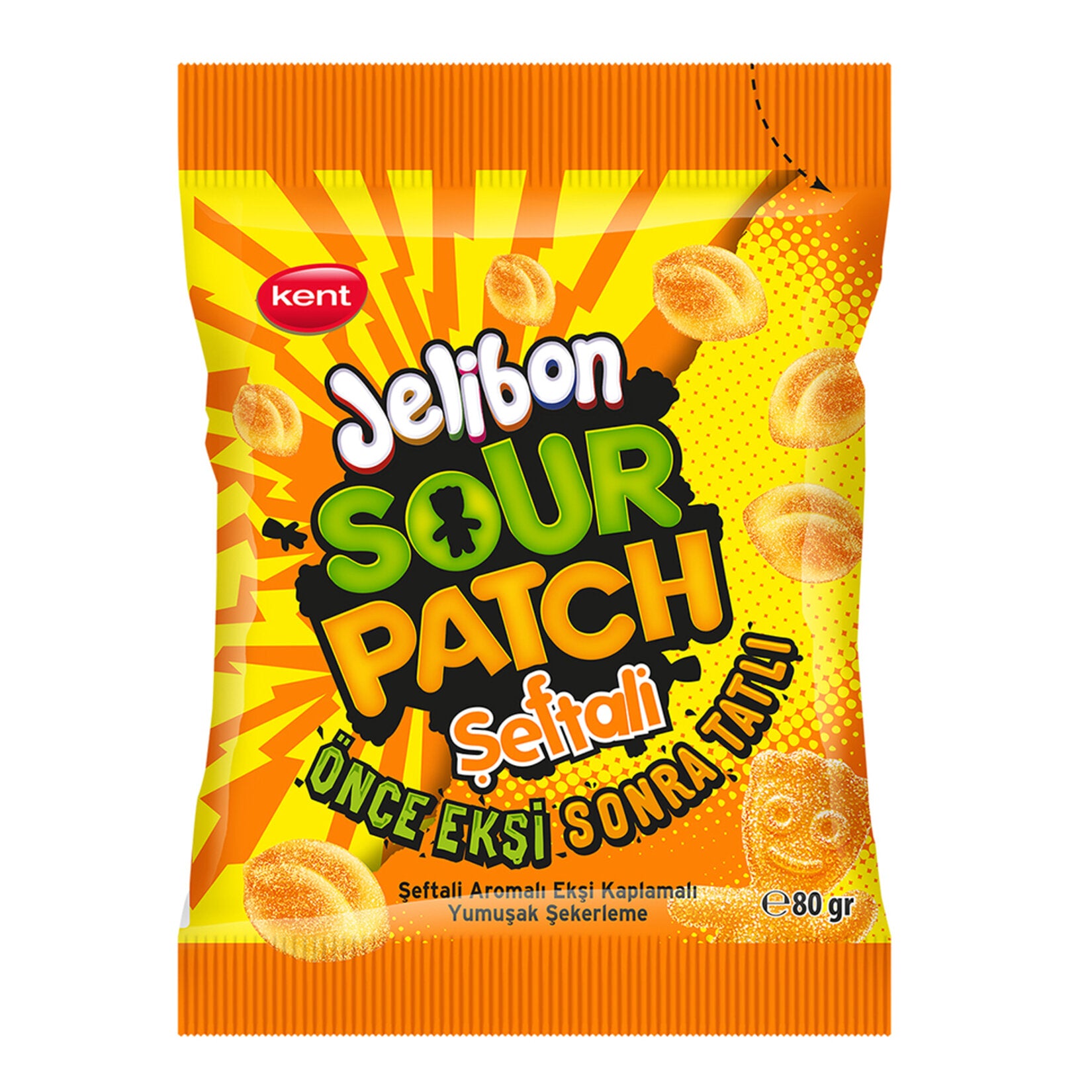 Jelibon Sour Patch Peach brings a playful twist to your snack time with its tangy peach flavor and soft, chewy texture.
