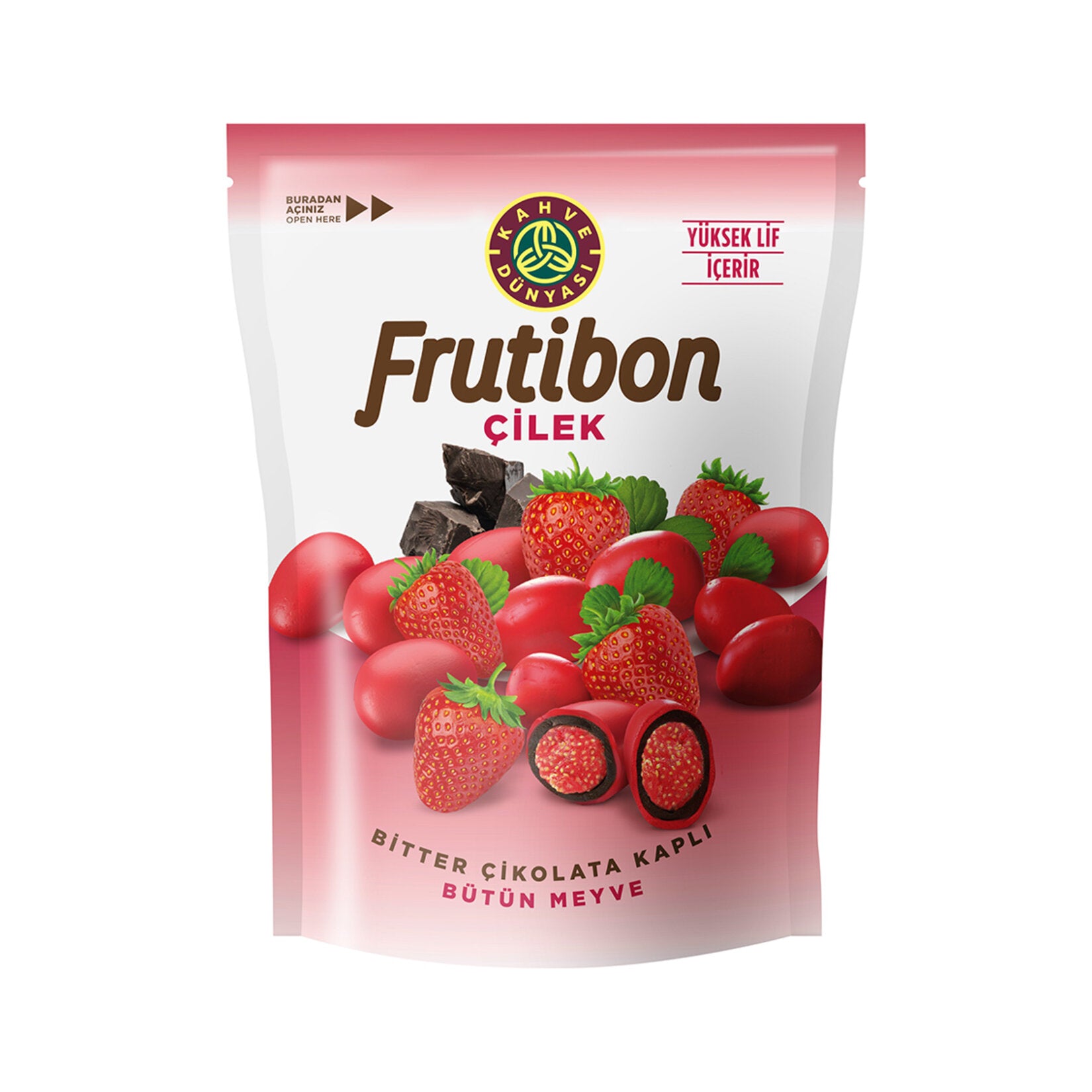 Kahve Dunyasi Frutibon Dark Chocolate Covered Strawberry is a delightful fusion of rich dark chocola