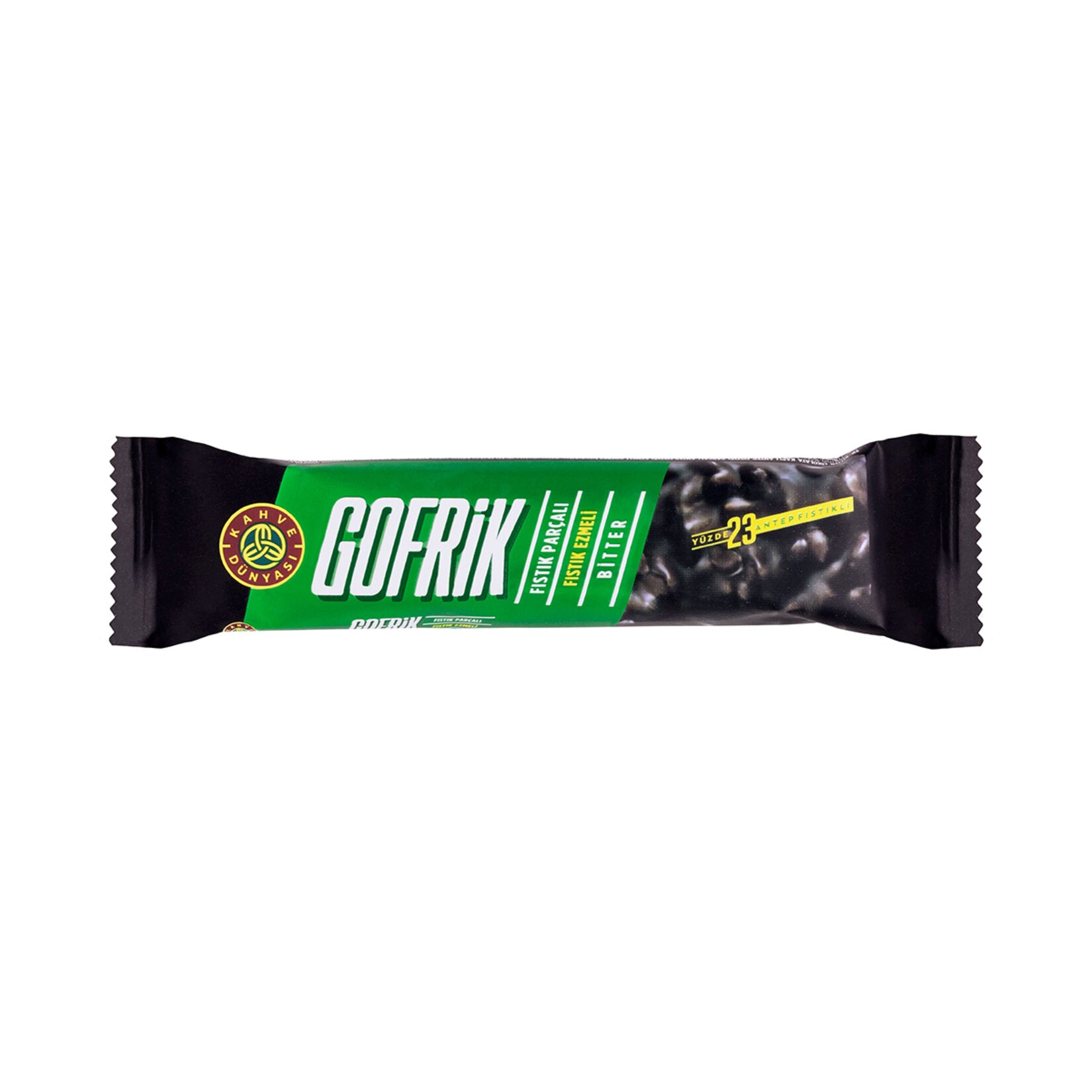 Kahve Dunyasi Gofrik Dark Chocolate Pistachio Wafer brings together the rich taste of dark chocolate with the nutty crunch of Antep pistachios, all layered in a crispy wafer.