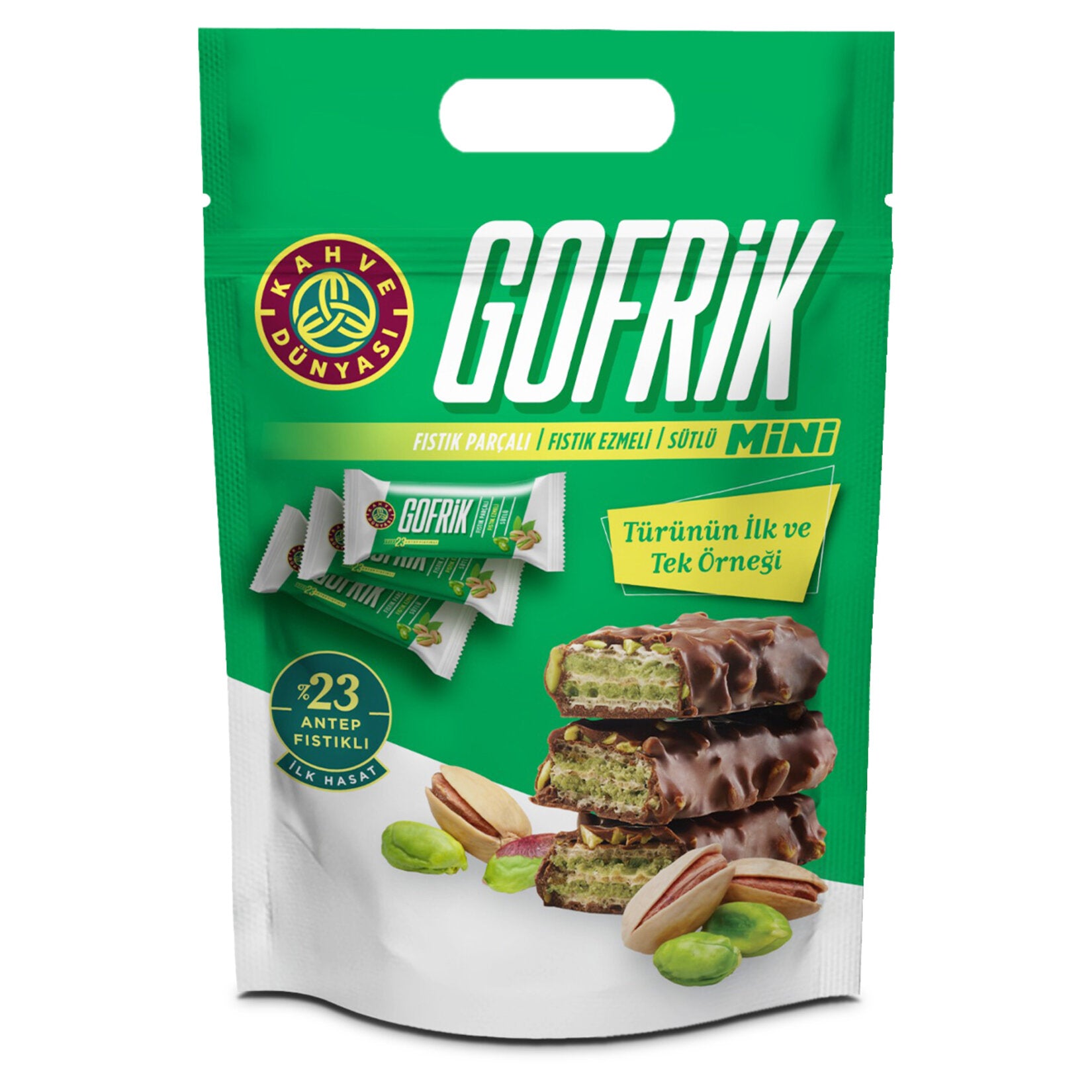 Kahve Dünyası Mini Gofrik brings together smooth milk chocolate, rich pistachio cream, and crispy wafer layers in perfectly bite-sized pieces.