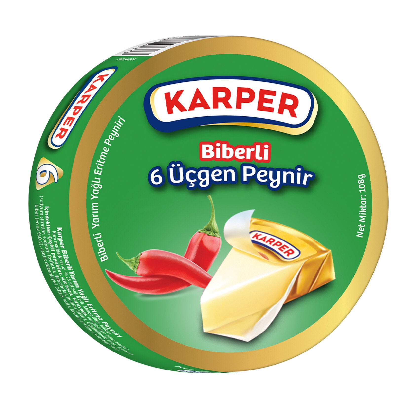 Karper Biberli Ucgen Peynir brings a smooth, creamy texture together with the gentle heat of red pepper for a flavorful twist on classic Turkish triangle cheese.