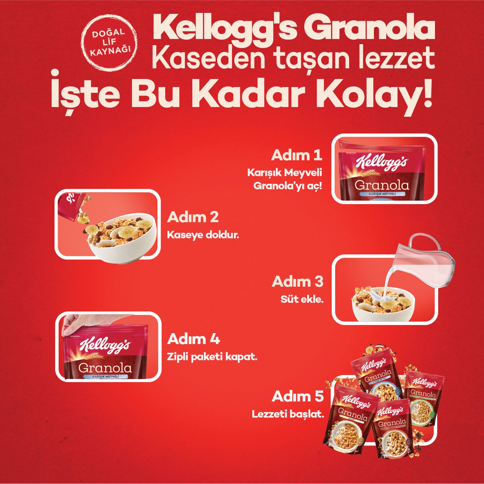 Start your day with the delicious crunch of Kellogg's Granola Mixed Fruit.