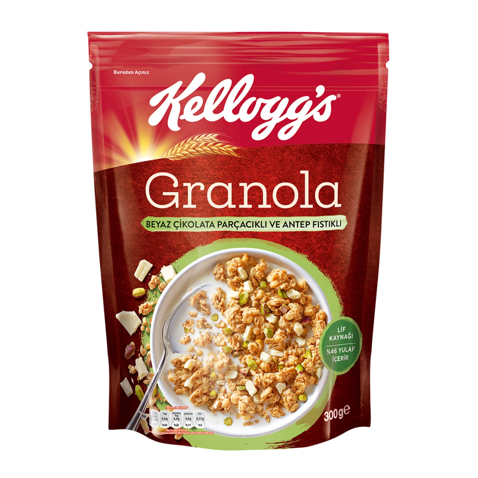 Start your morning with the delicious crunch of Kellogg's Granola White Chocolate Pistachio.