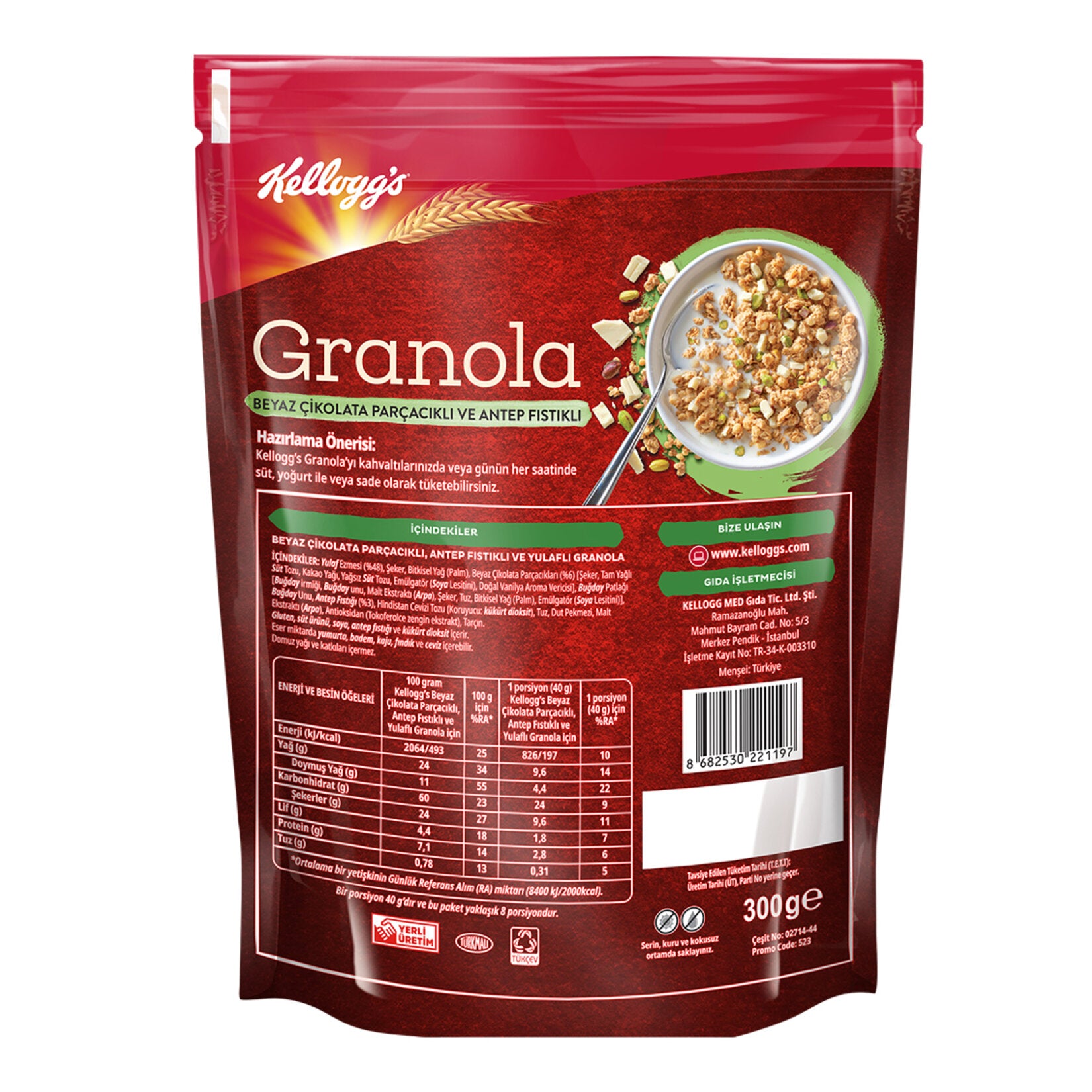 Start your morning with the delicious crunch of Kellogg's Granola White Chocolate Pistachio.