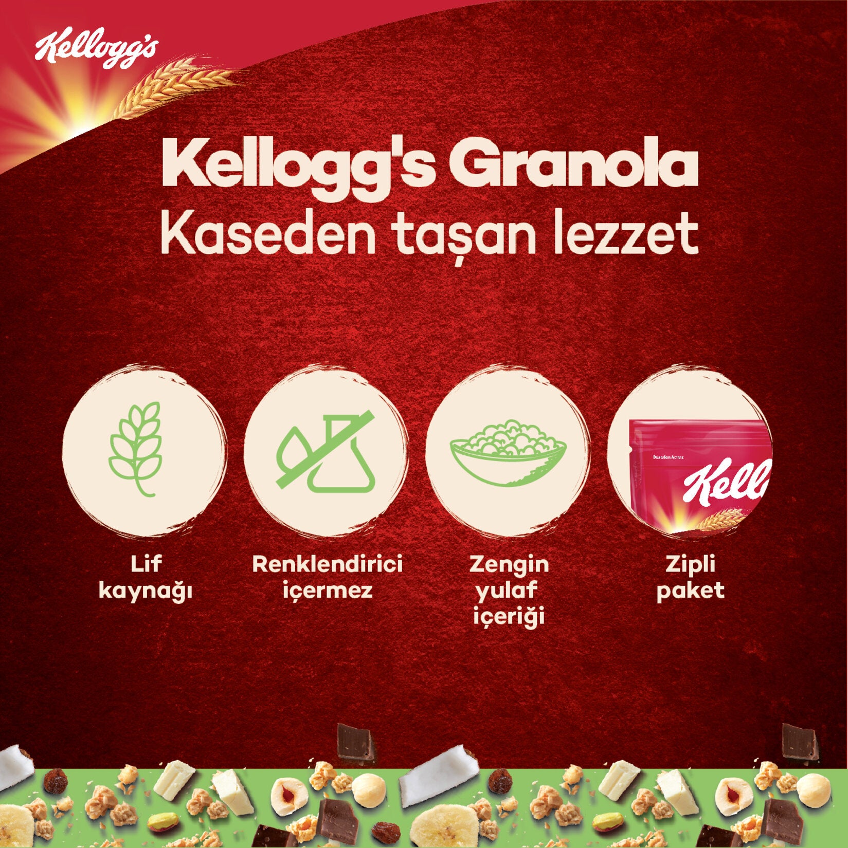 Start your morning with the delicious crunch of Kellogg's Granola White Chocolate Pistachio.