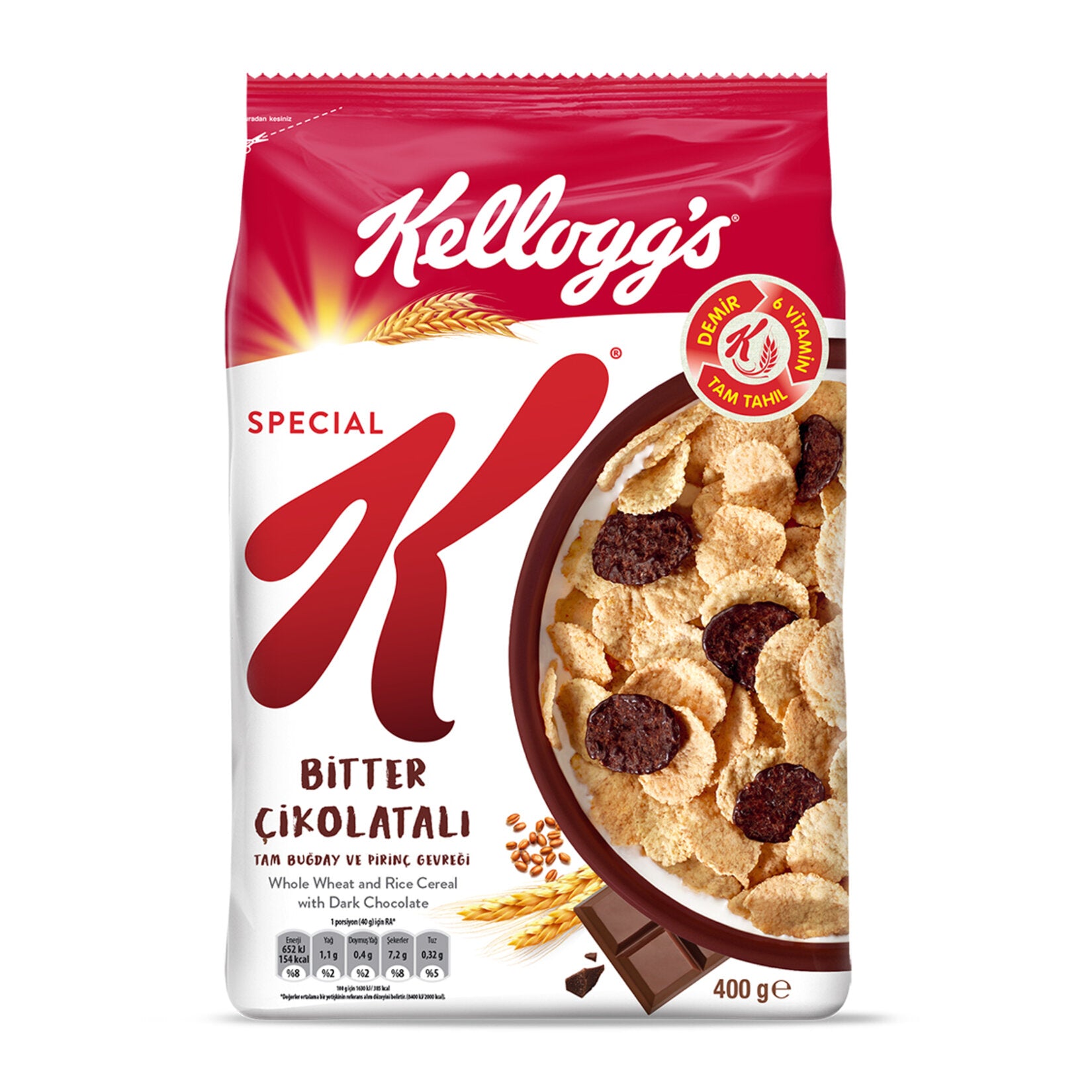 Start your morning with the balanced crunch of Kellogg's Special K Dark Chocolate Whole Wheat and Rice Cereal.