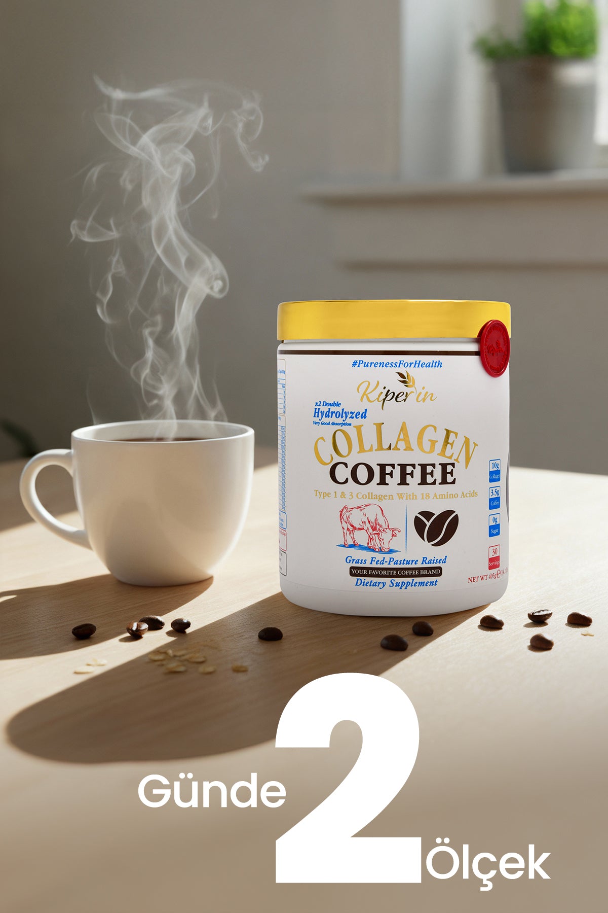 Kiperin Coffee Collagen Powder combines high-quality Type I and Type III Hydrolyzed Collagen Peptides with the natural aroma of coffee for a practical daily routine.