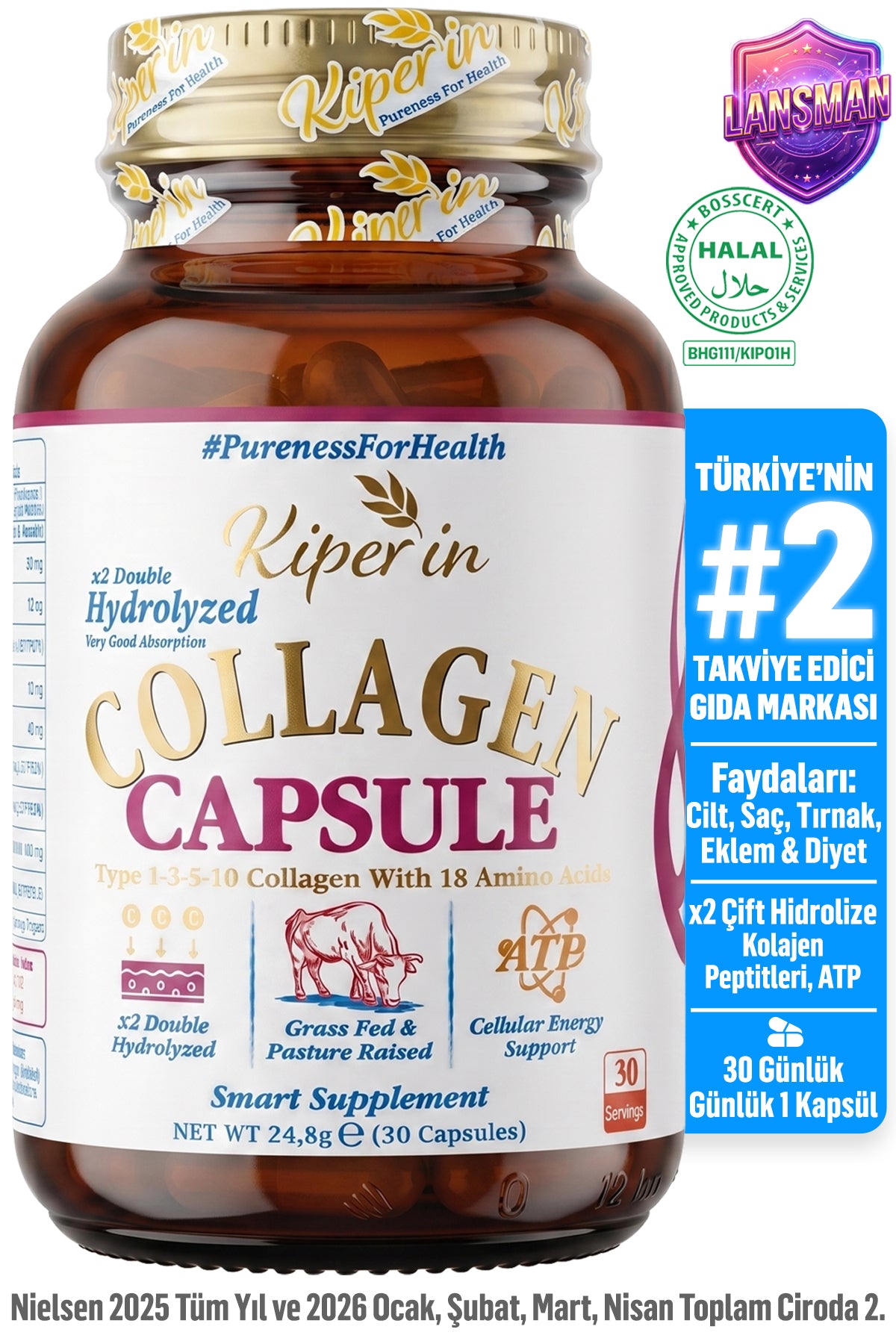 Kiperin Multi Collagen Complex is a comprehensive formula featuring Type I and Type III Hydrolyzed Bovine Collagen Peptides, combined with Hyaluronic Acid, ATP (Adenosine Triphosphate), Biotin (Vitamin B7), Vitamin C (Ascorbic Acid), Vitamin D3 (Cholecalc