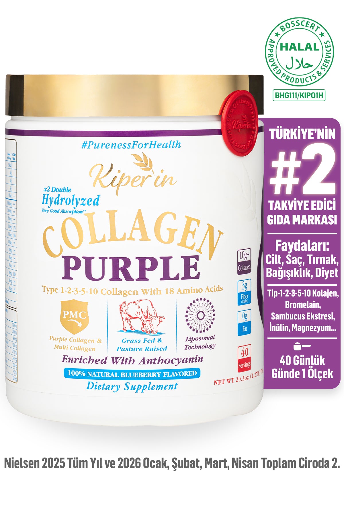Kiperin Multi Collagen Peptides Powder is a liposomal dietary supplement formulated with 100% pure and natural purple multi-type collagen peptides.