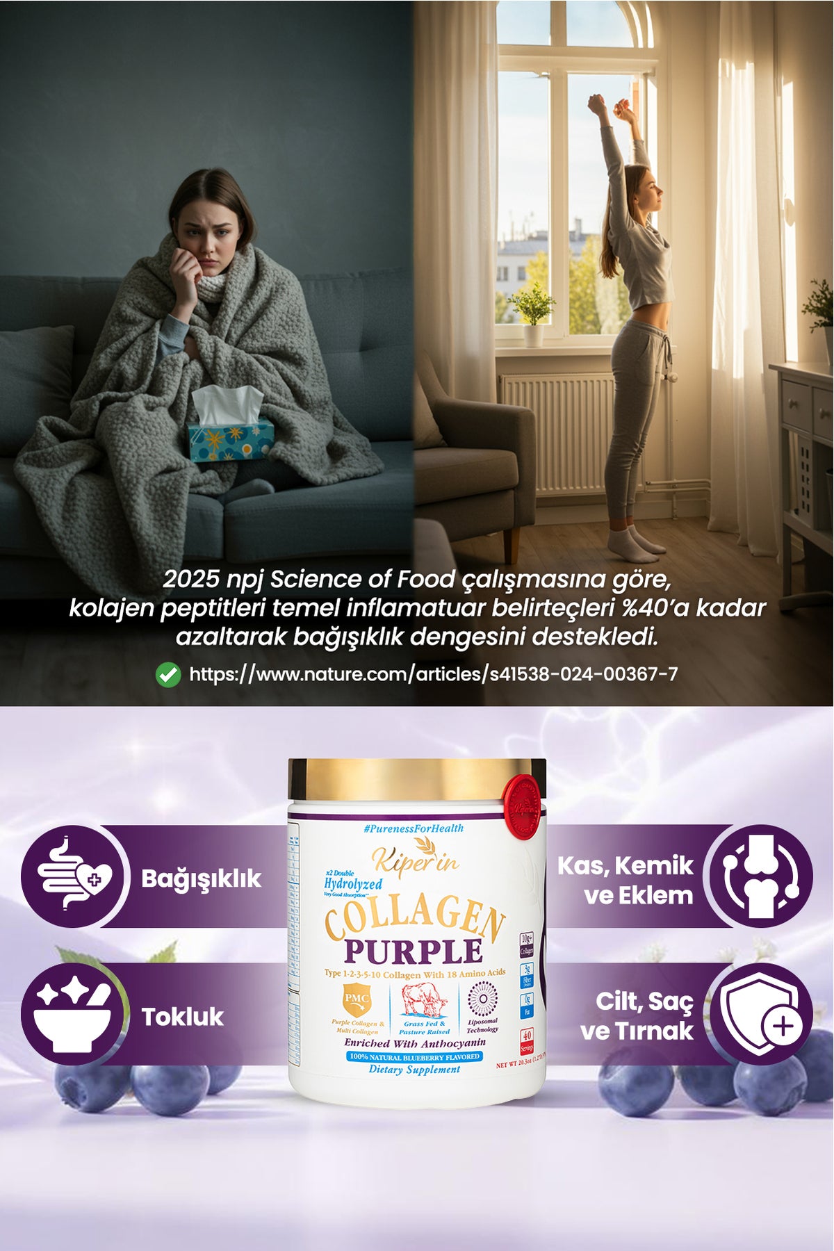 Kiperin Multi Collagen Peptides Powder is a liposomal dietary supplement formulated with 100% pure and natural purple multi-type collagen peptides.