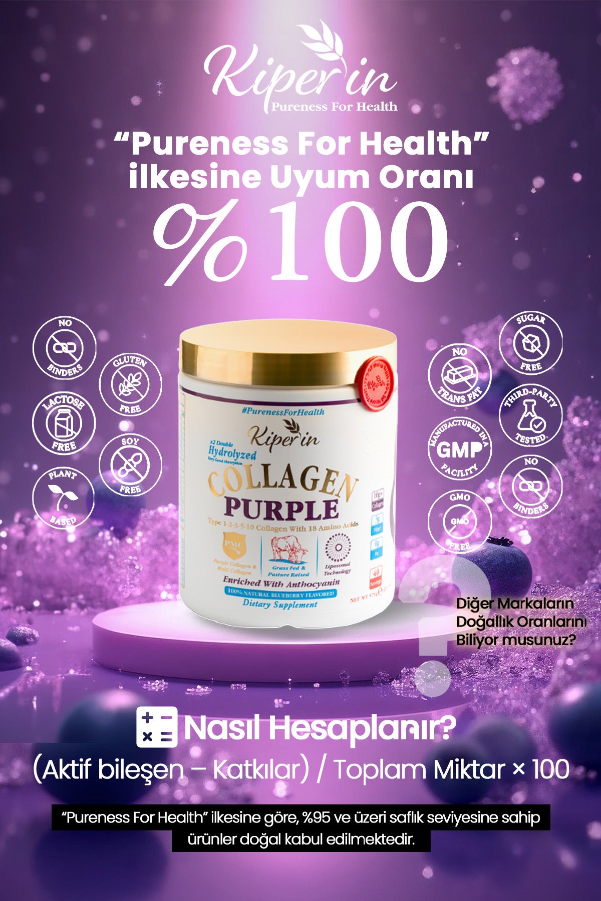 Kiperin Multi Collagen Peptides Powder is a liposomal dietary supplement formulated with 100% pure and natural purple multi-type collagen peptides.
