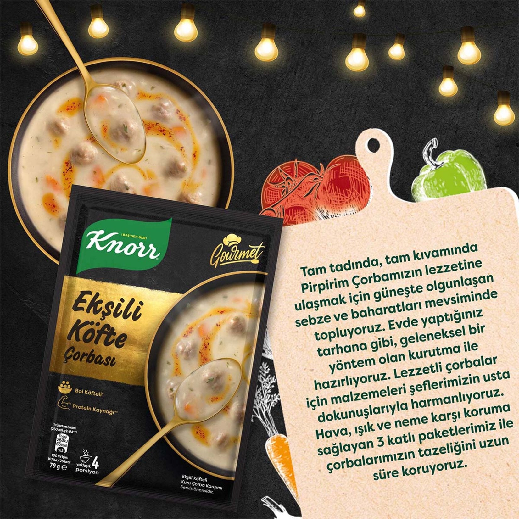 Knorr Gurme Eksili Kofte Soup brings the comforting taste of a classic Turkish home-style dish to your kitchen in minutes.
