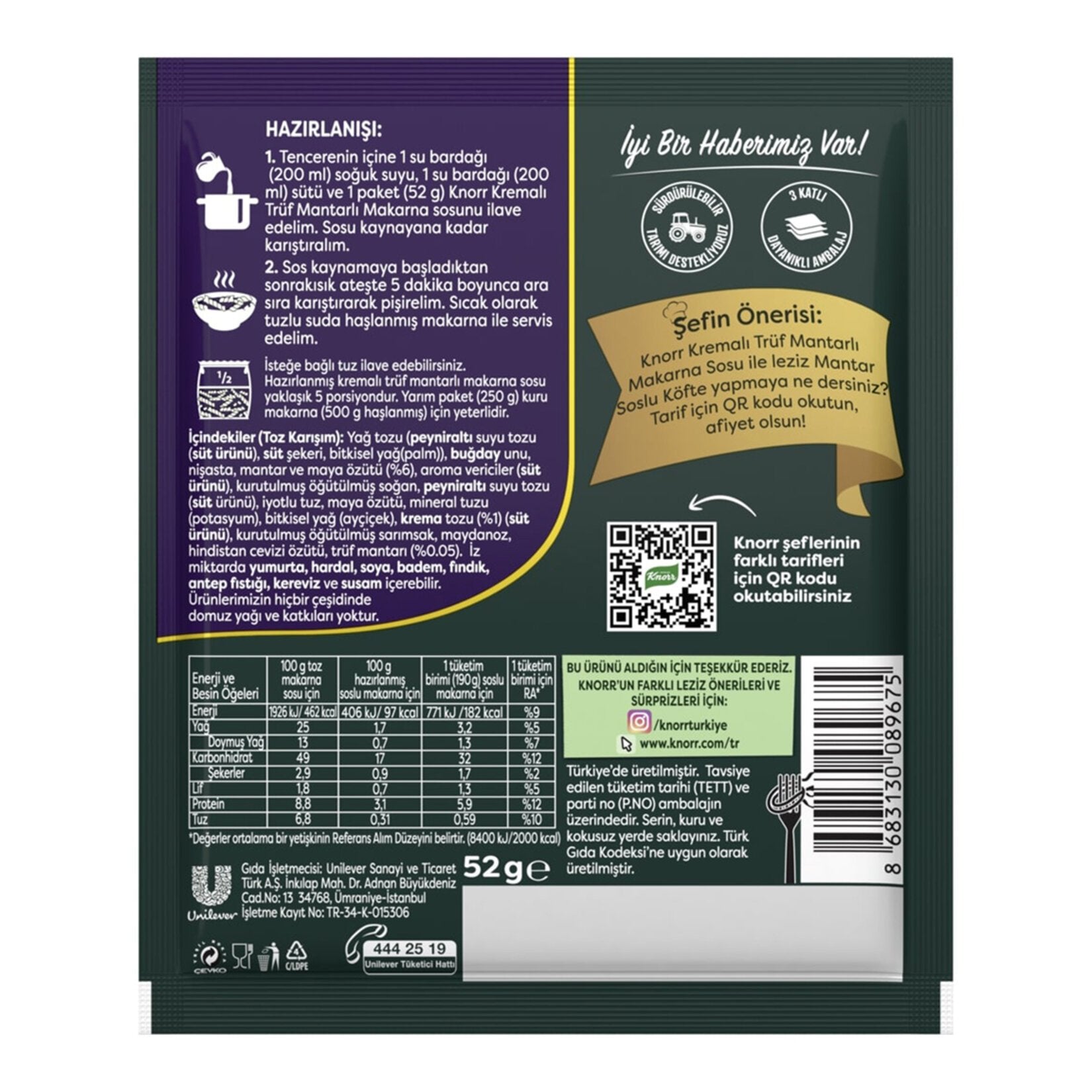 Knorr Creamy Truffle Pasta Sauce (With Gourmet Truffle and Cream)- Back Side of the Package