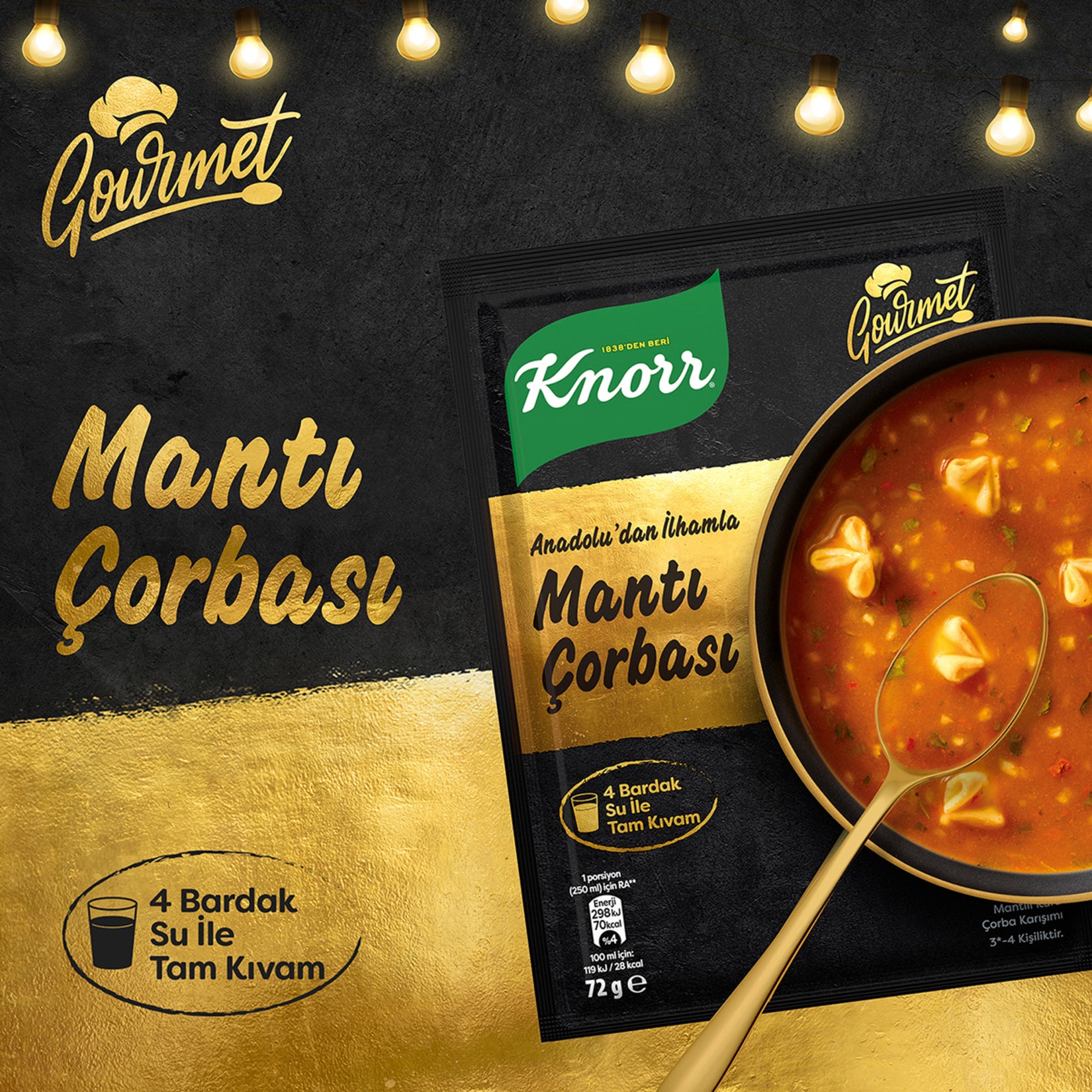 Knorr Manti Soup Gourmet brings the comforting taste of traditional Turkish manti into a convenient instant soup format.