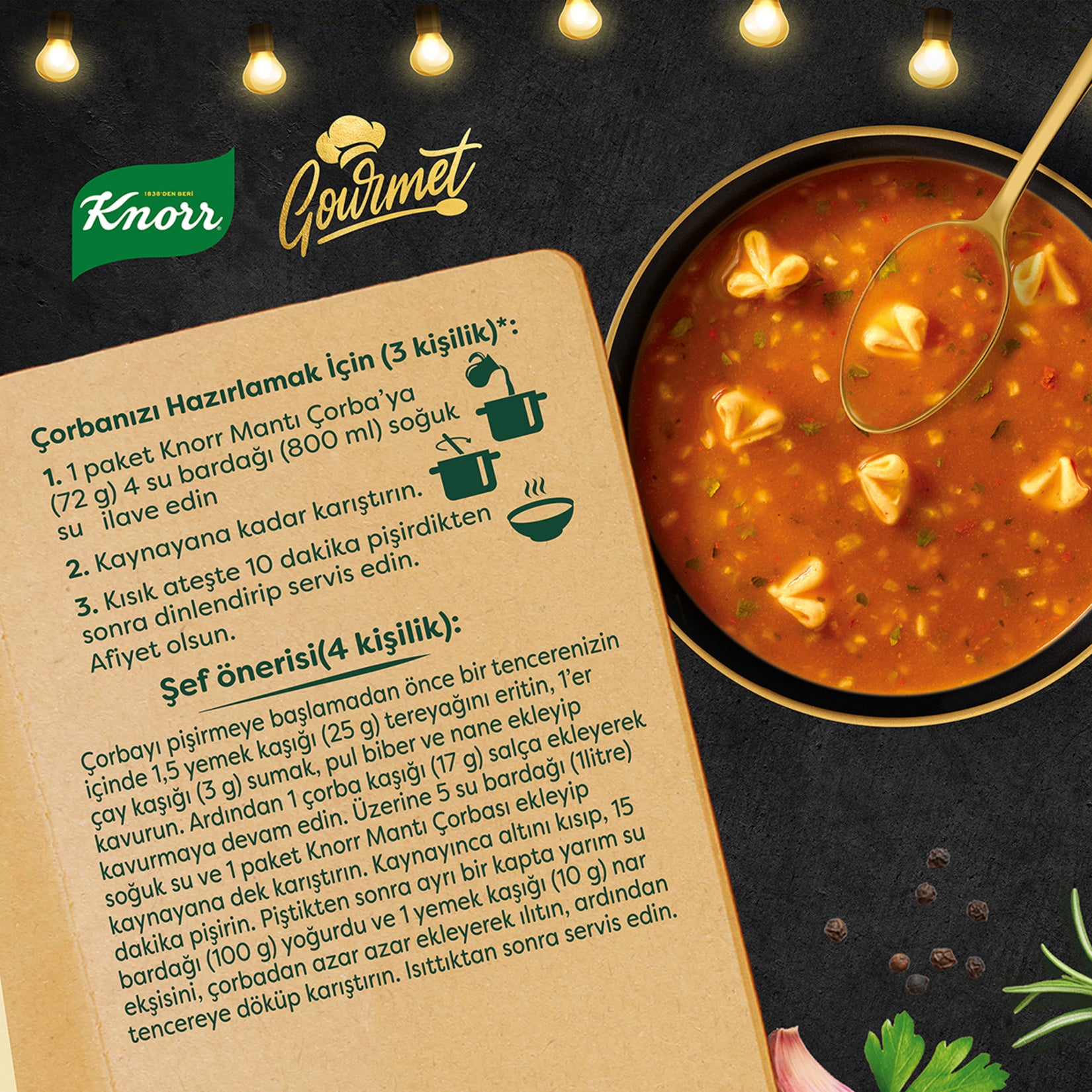 Knorr Manti Soup Gourmet brings the comforting taste of traditional Turkish manti into a convenient instant soup format.