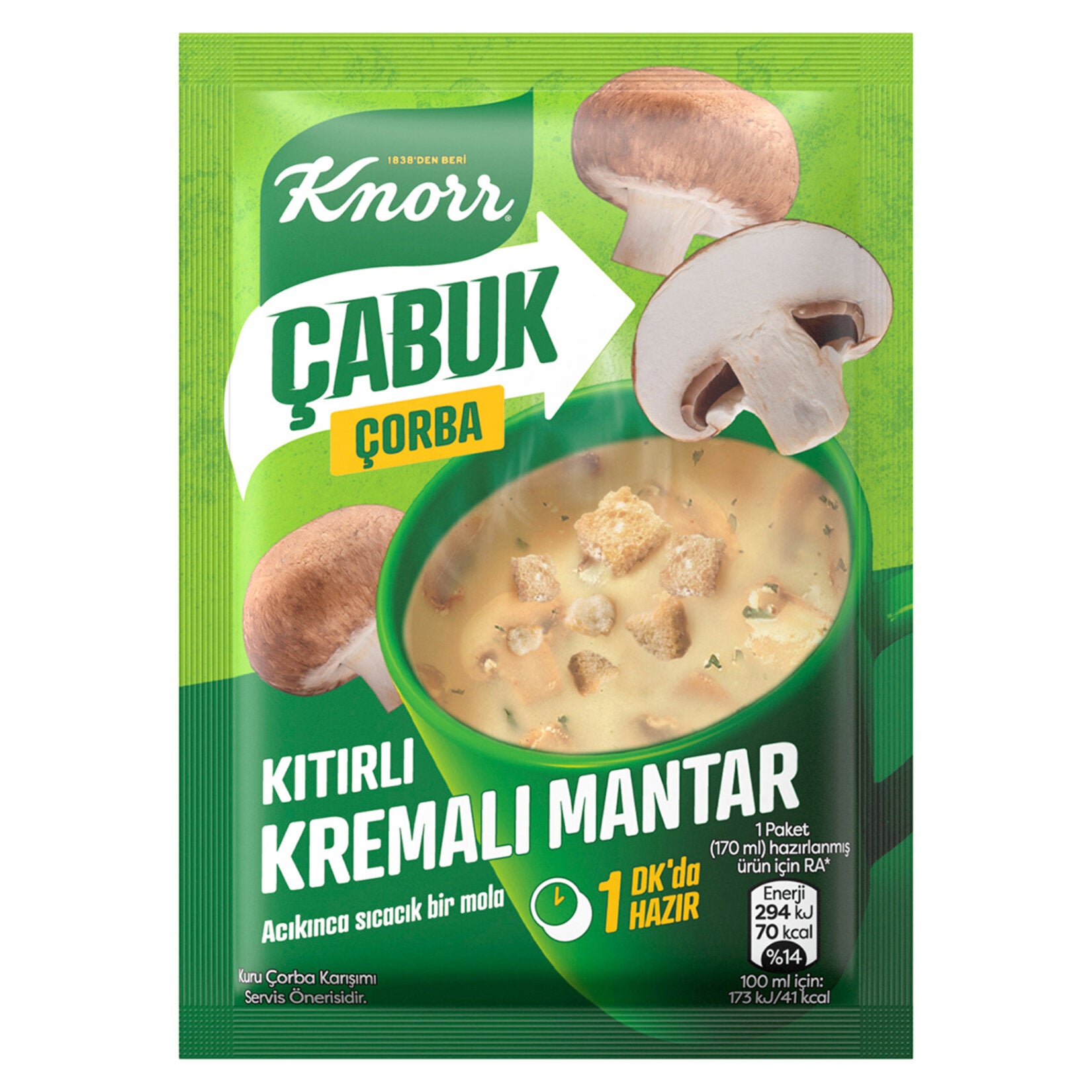 Knorr Cabuk Corba Kitirli Kremali Mantar is a quick and satisfying creamy mushroom soup with crunchy croutons, perfect for busy days when you want something warm and comforting in minutes.